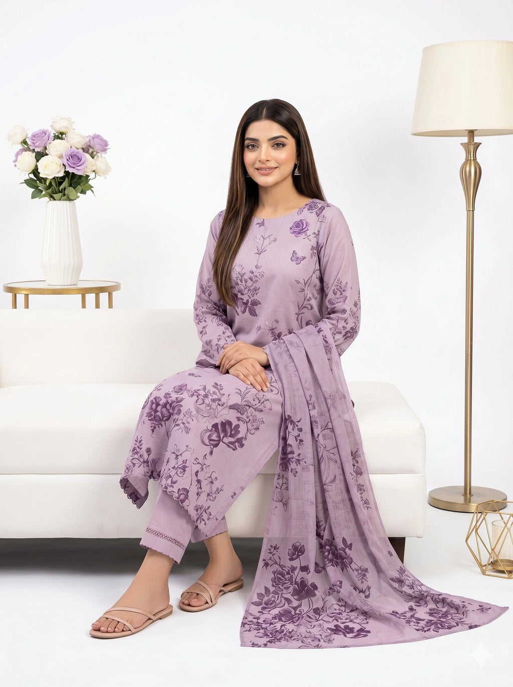 Woman in a purple floral outfit sitting on a white couch with a white wall and lamp in the background.