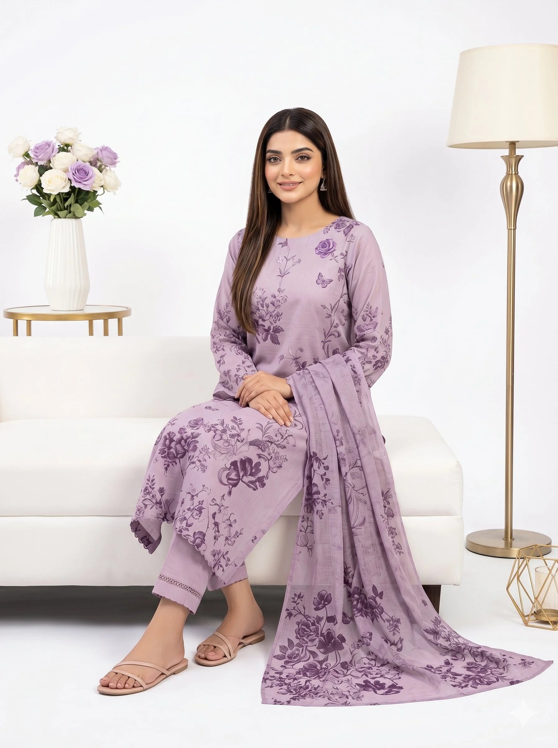 Woman in a purple floral outfit sitting on a white couch with a white wall and lamp in the background.