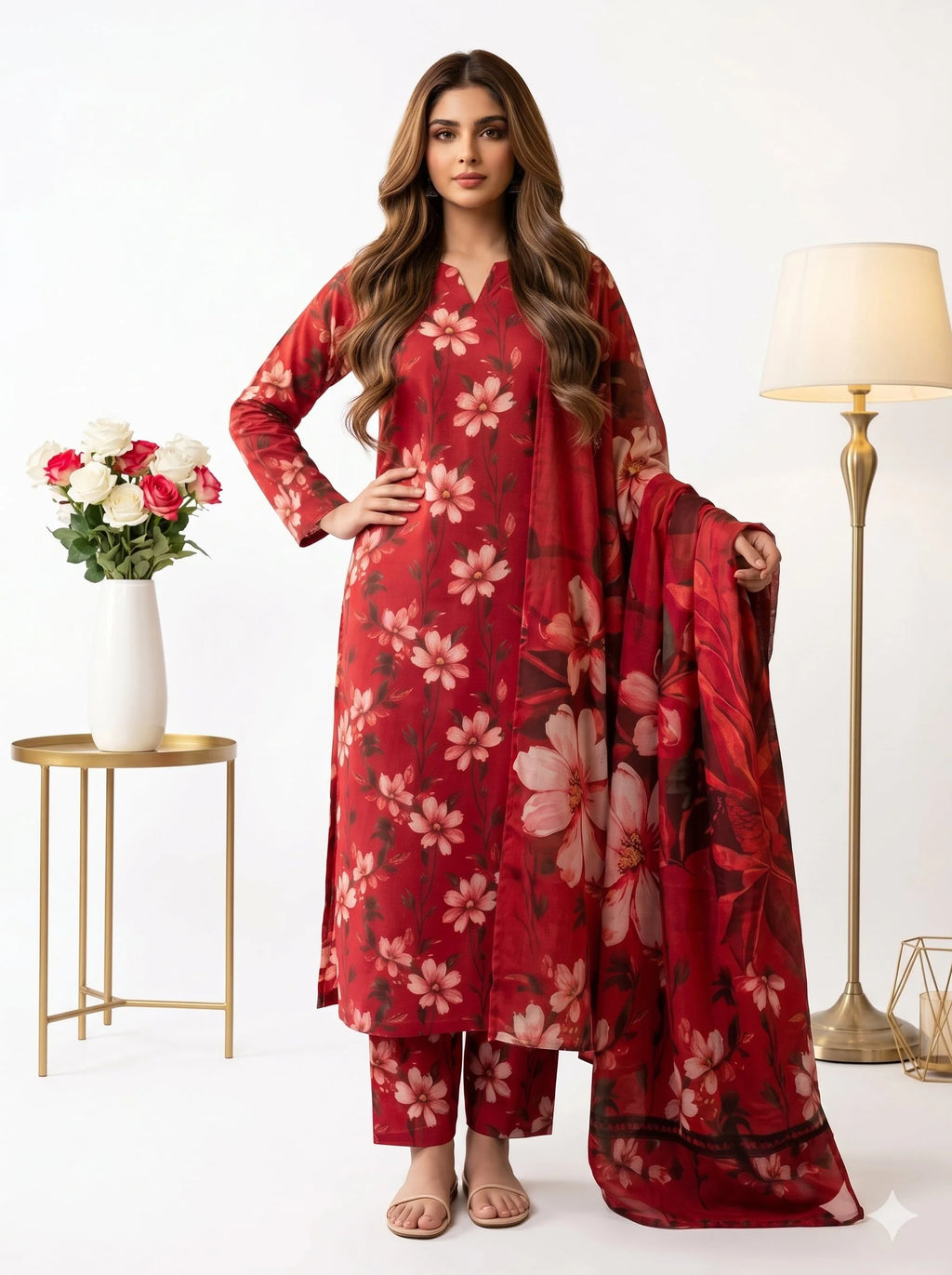 Woman wearing a red floral traditional outfit with a lamp and table in the background