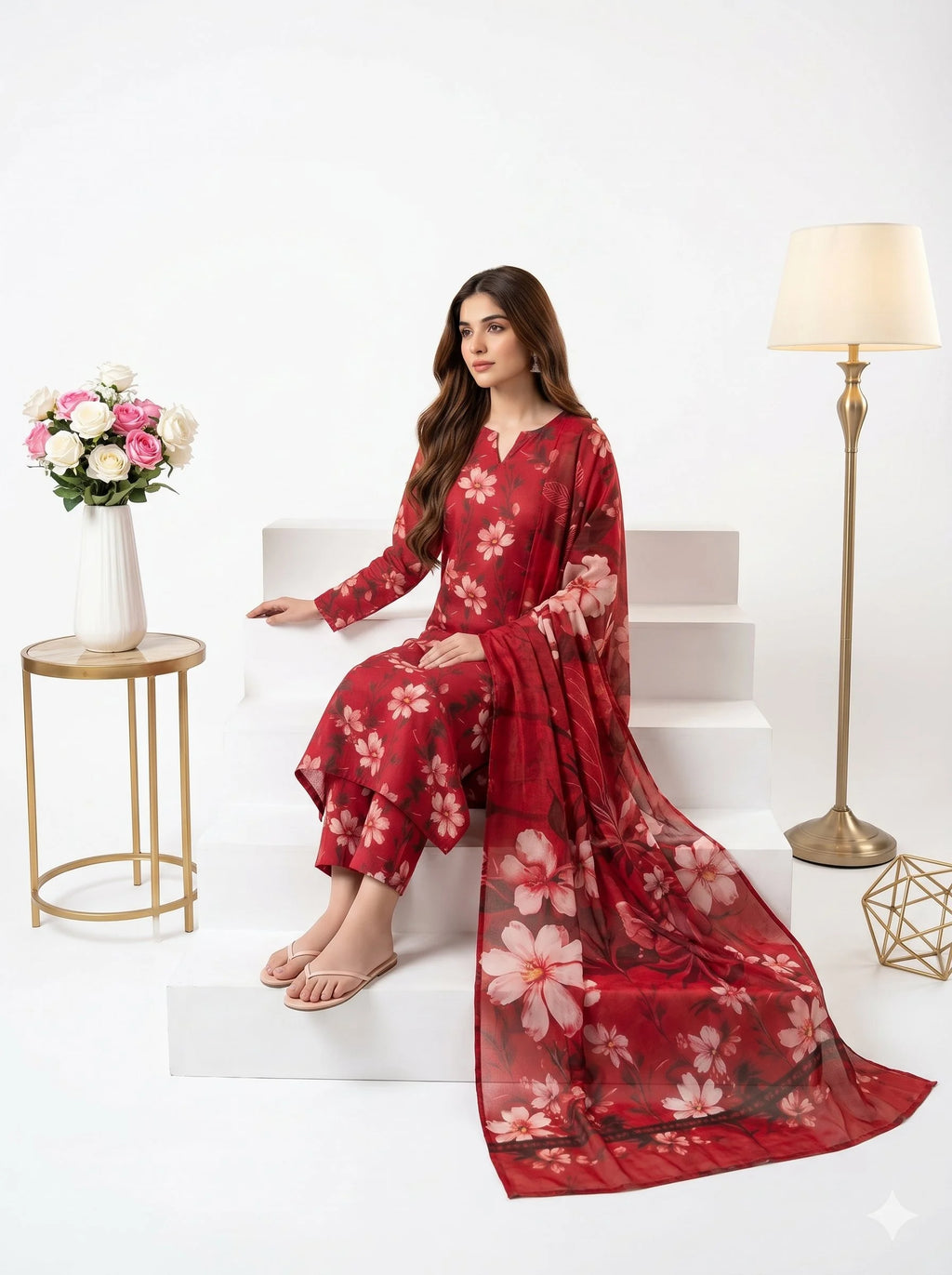 Woman in a red floral dress sitting on a white surface with a decorative background.