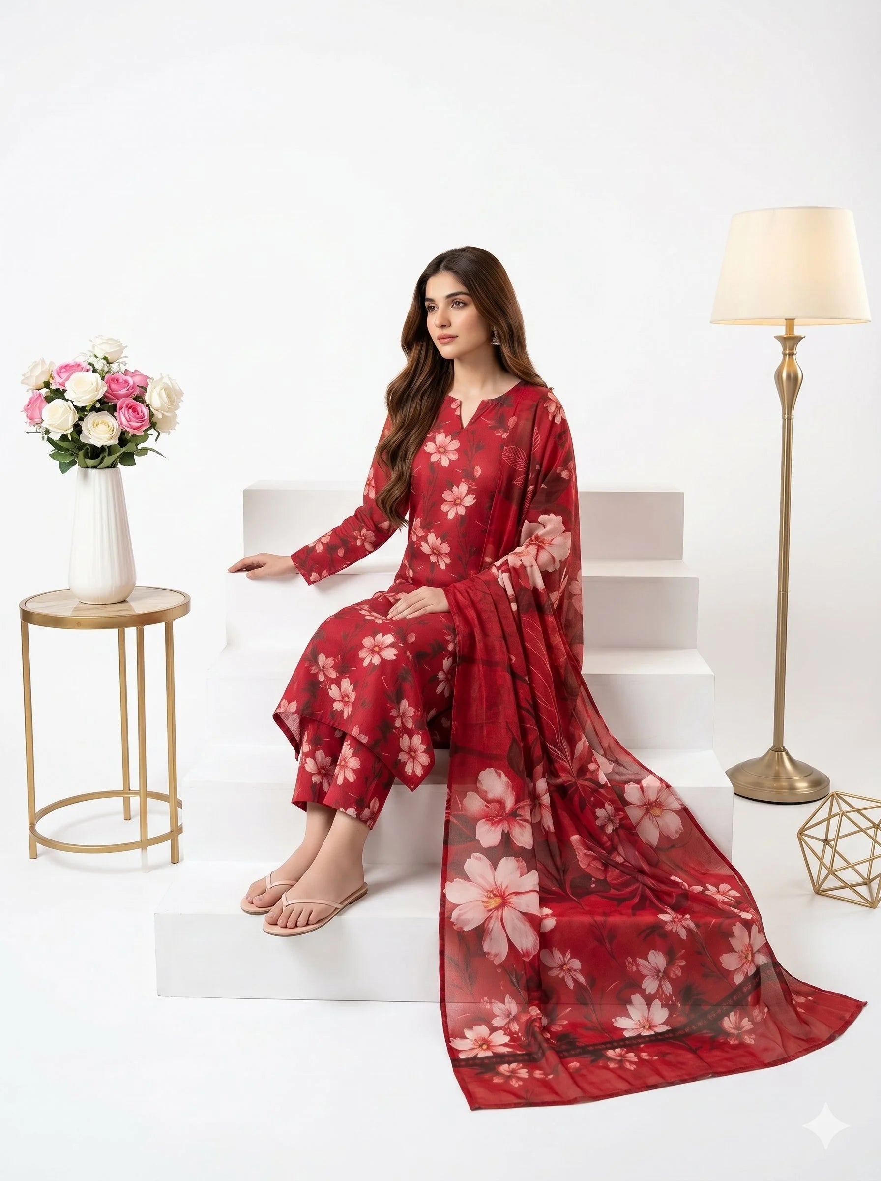 Woman in a red floral dress sitting on a white surface with a decorative background.