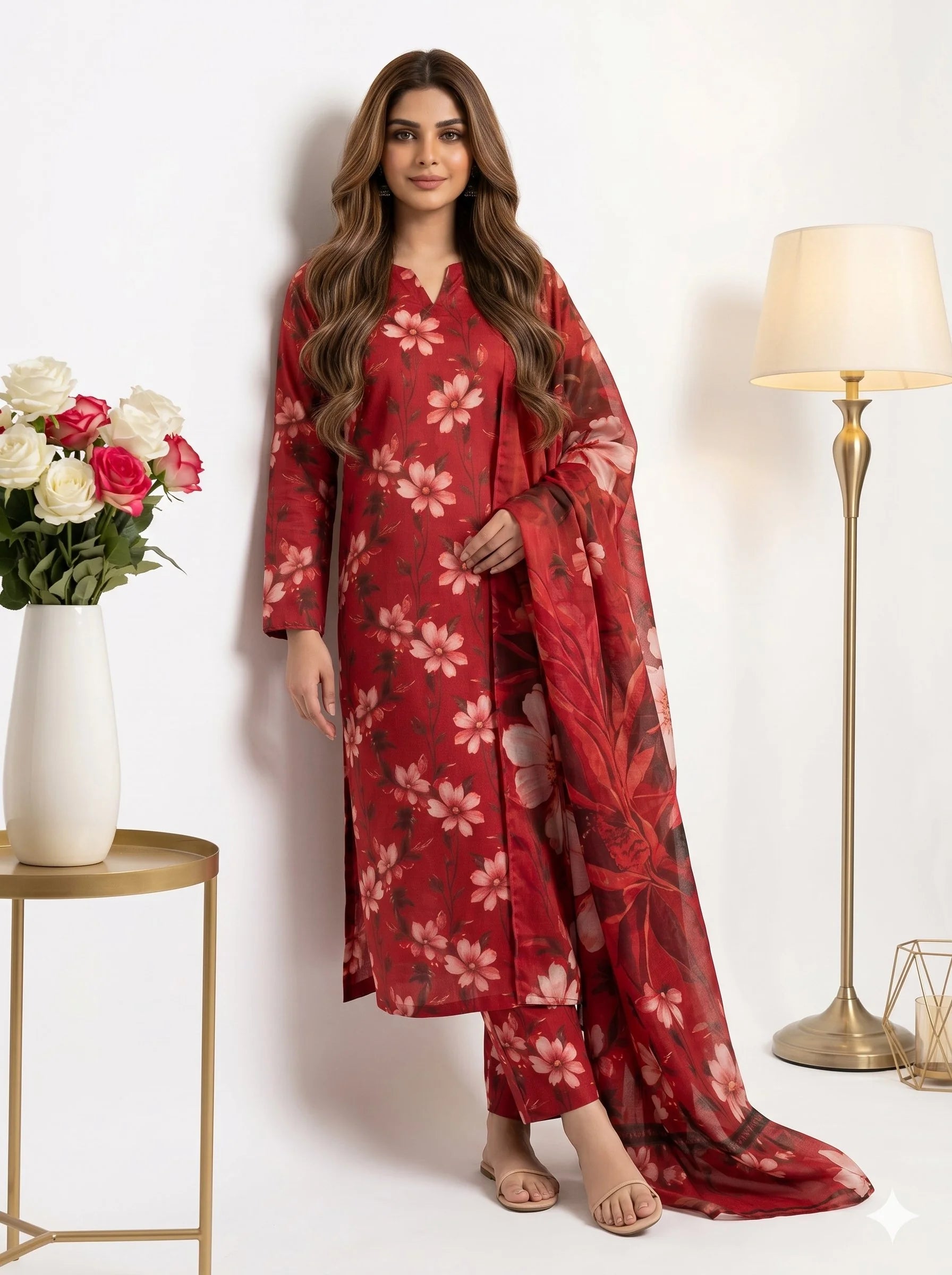Woman wearing a red floral dress with a matching dupatta, standing next to a lamp and flowers on a white background.