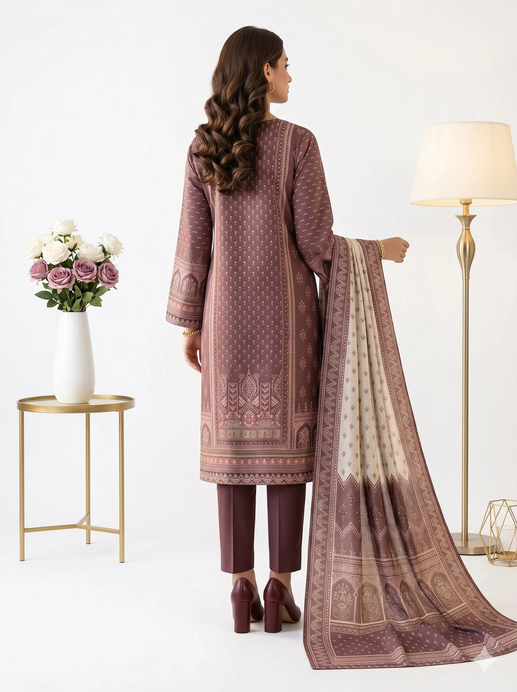 Woman wearing a traditional outfit with a matching dupatta in a well-lit room.