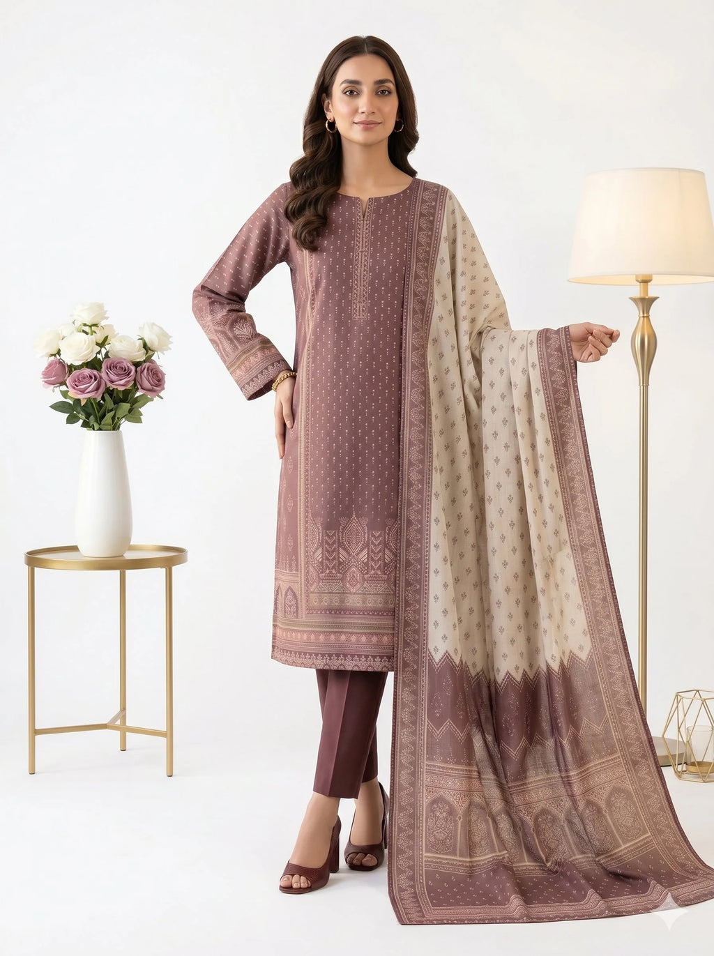 Woman wearing a traditional outfit with a dupatta, standing against a white background.