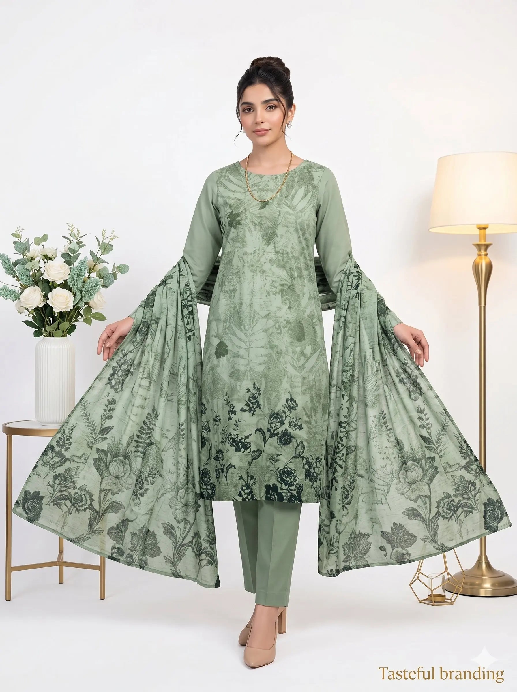Woman wearing a green floral outfit with a matching dupatta in a well-lit room.