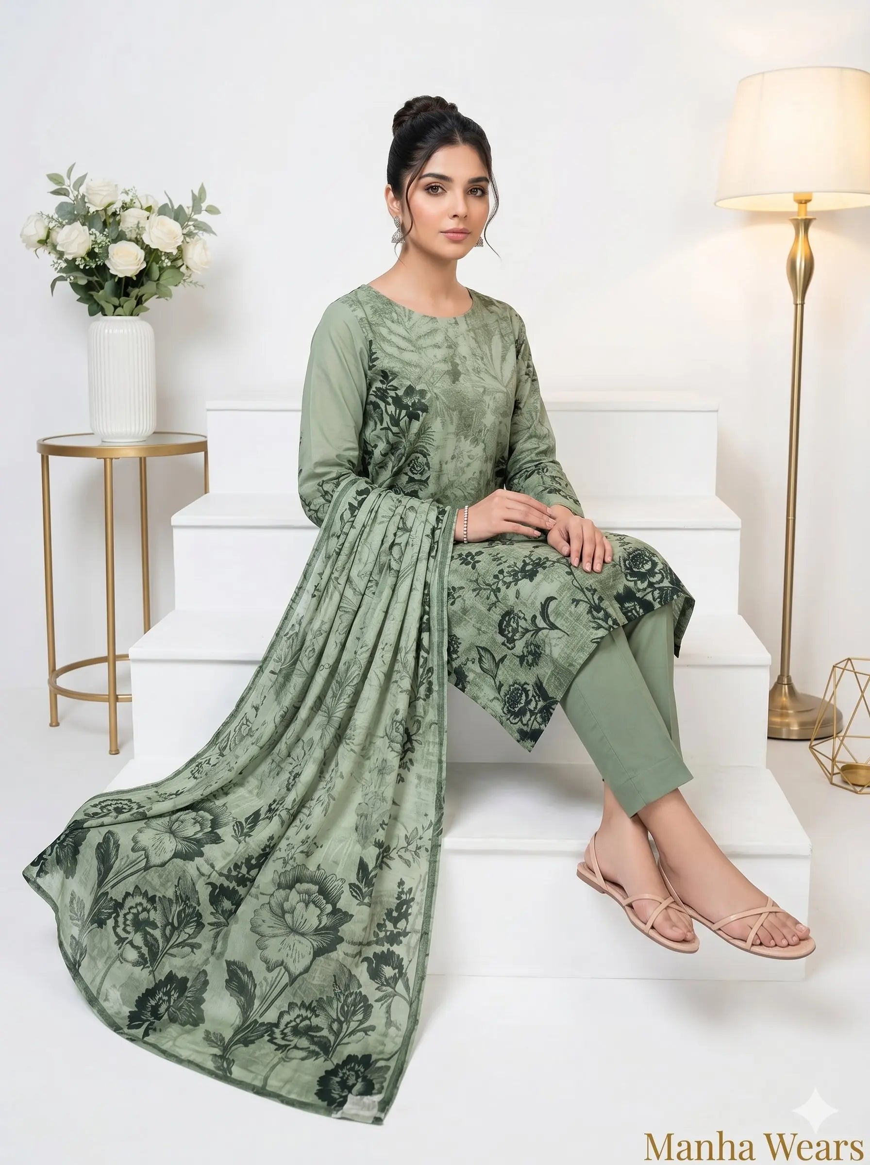 Woman in a green floral outfit sitting on white steps with a decorative background