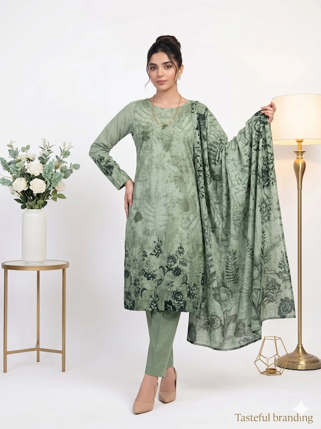 Woman wearing a green floral dress with a matching dupatta, standing against a white background.