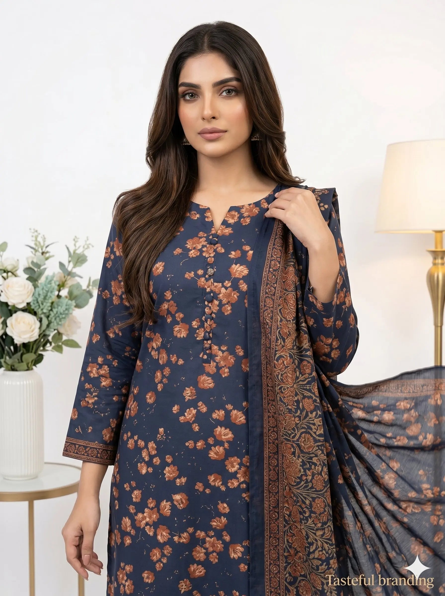 Midnight Navy Amber Floral Lawn — 3 Piece Unstitched
