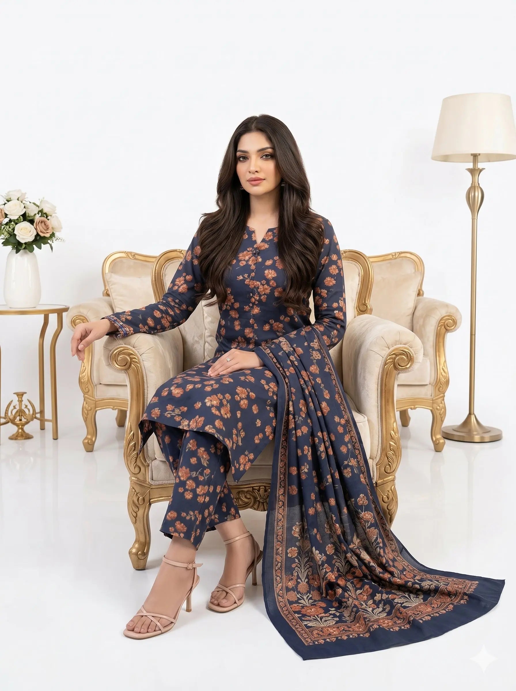 Midnight Navy Amber Floral Lawn — 3 Piece Unstitched