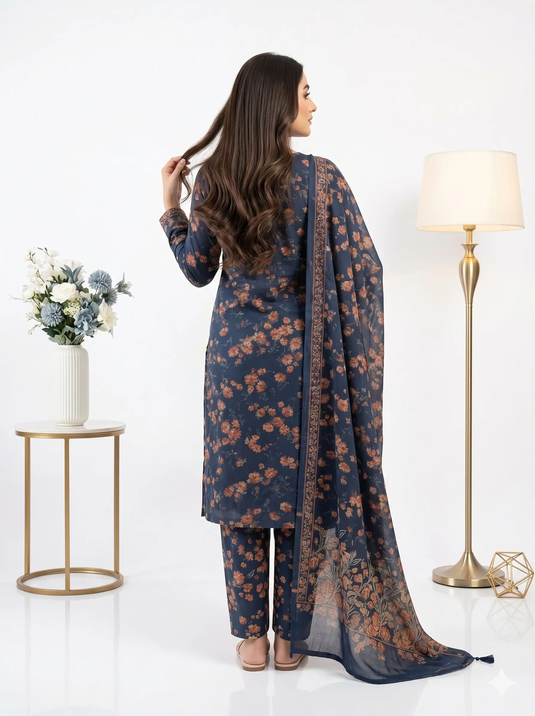 Midnight Navy Amber Floral Lawn — 3 Piece Unstitched