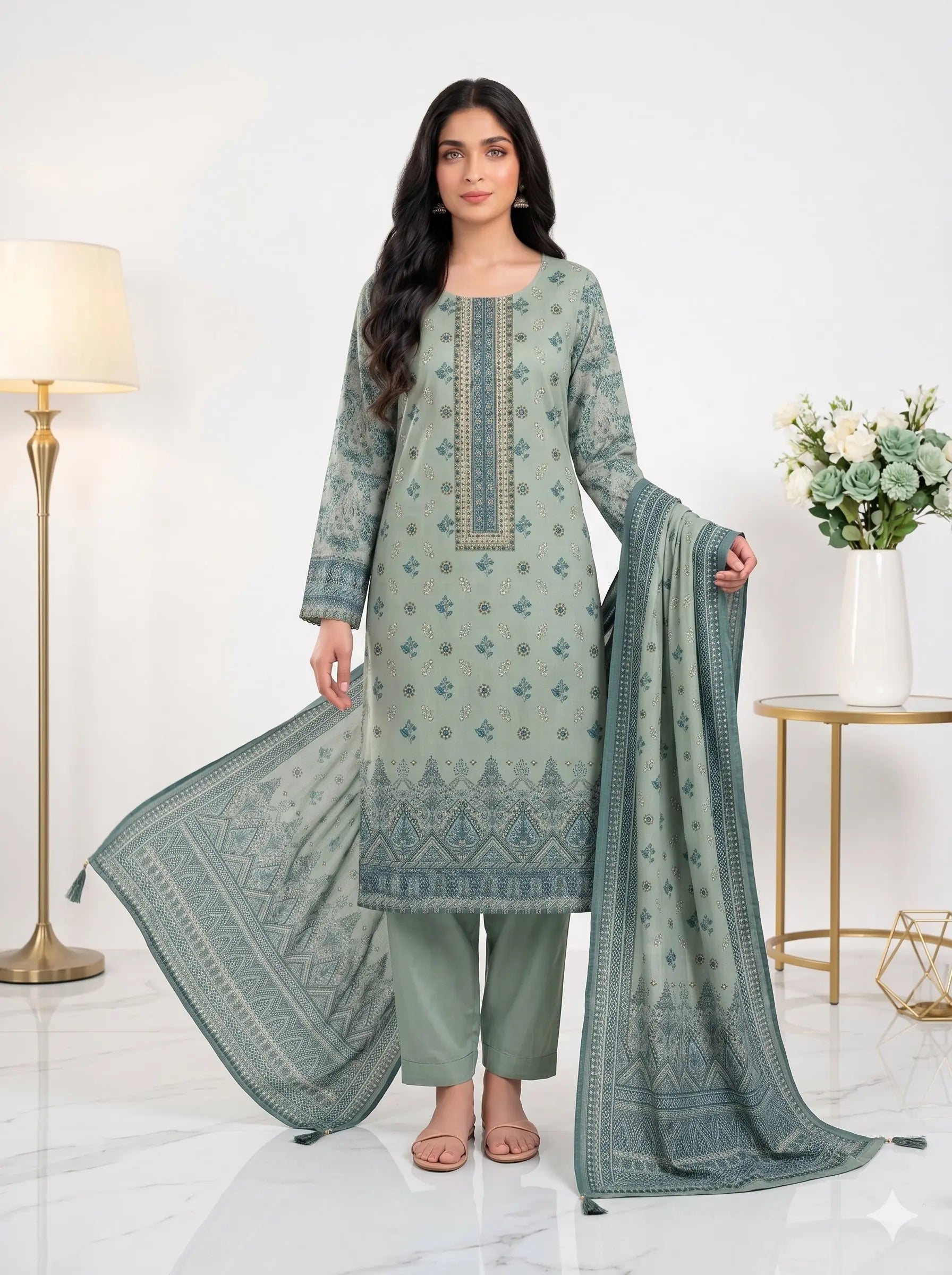 Light Green Printed Panel Lawn — 3 Piece Unstitched