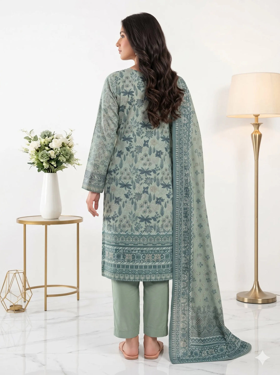 Light Green Printed Panel Lawn — 3 Piece Unstitched