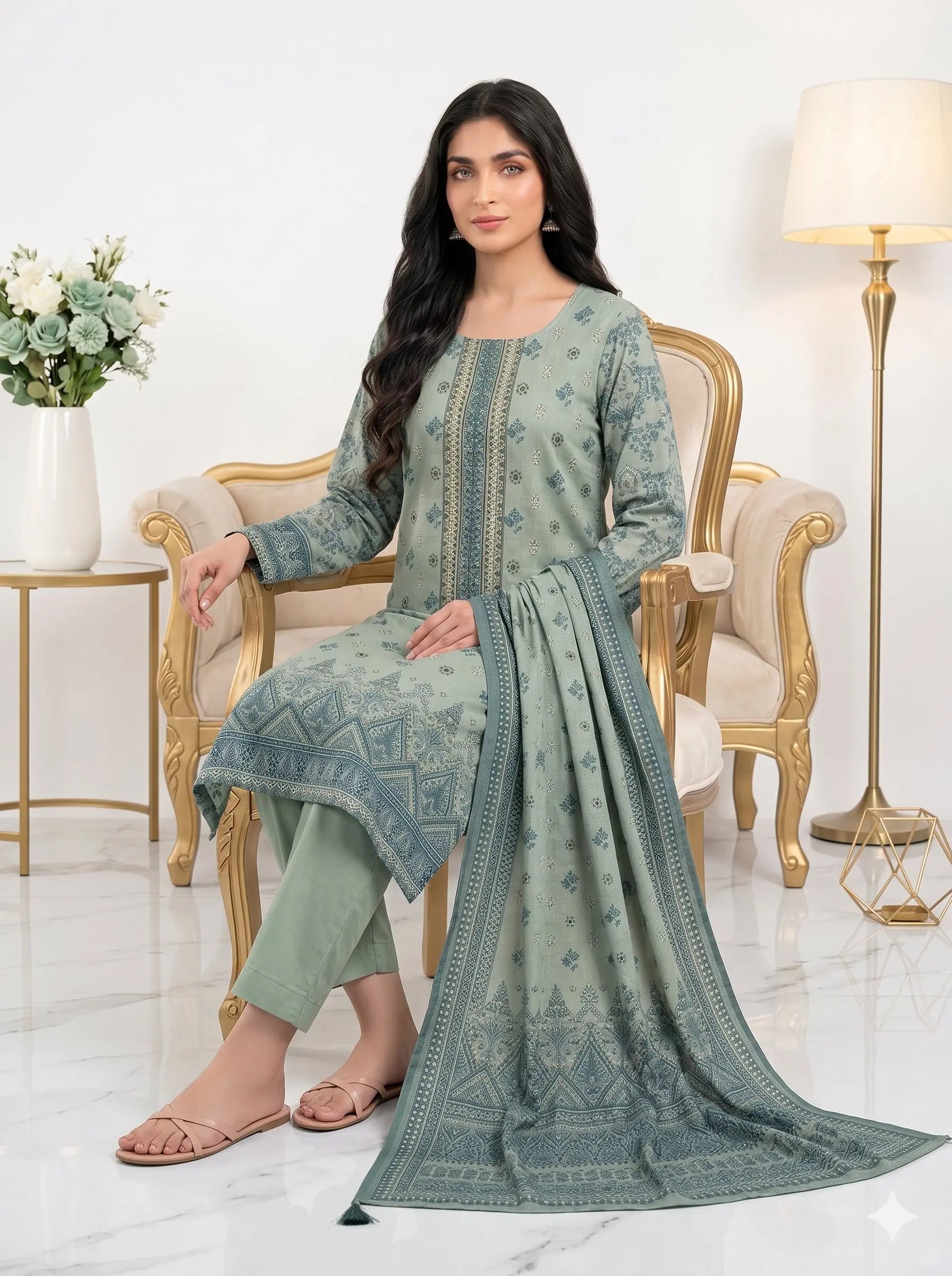 Light Green Printed Panel Lawn — 3 Piece Unstitched