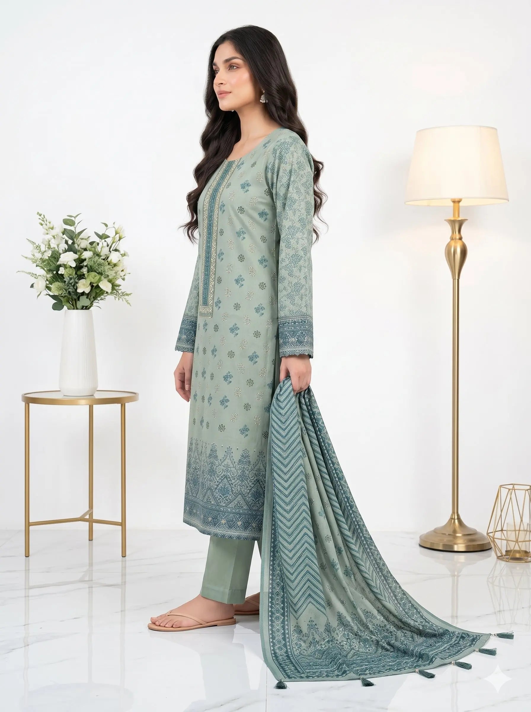 Light Green Printed Panel Lawn — 3 Piece Unstitched