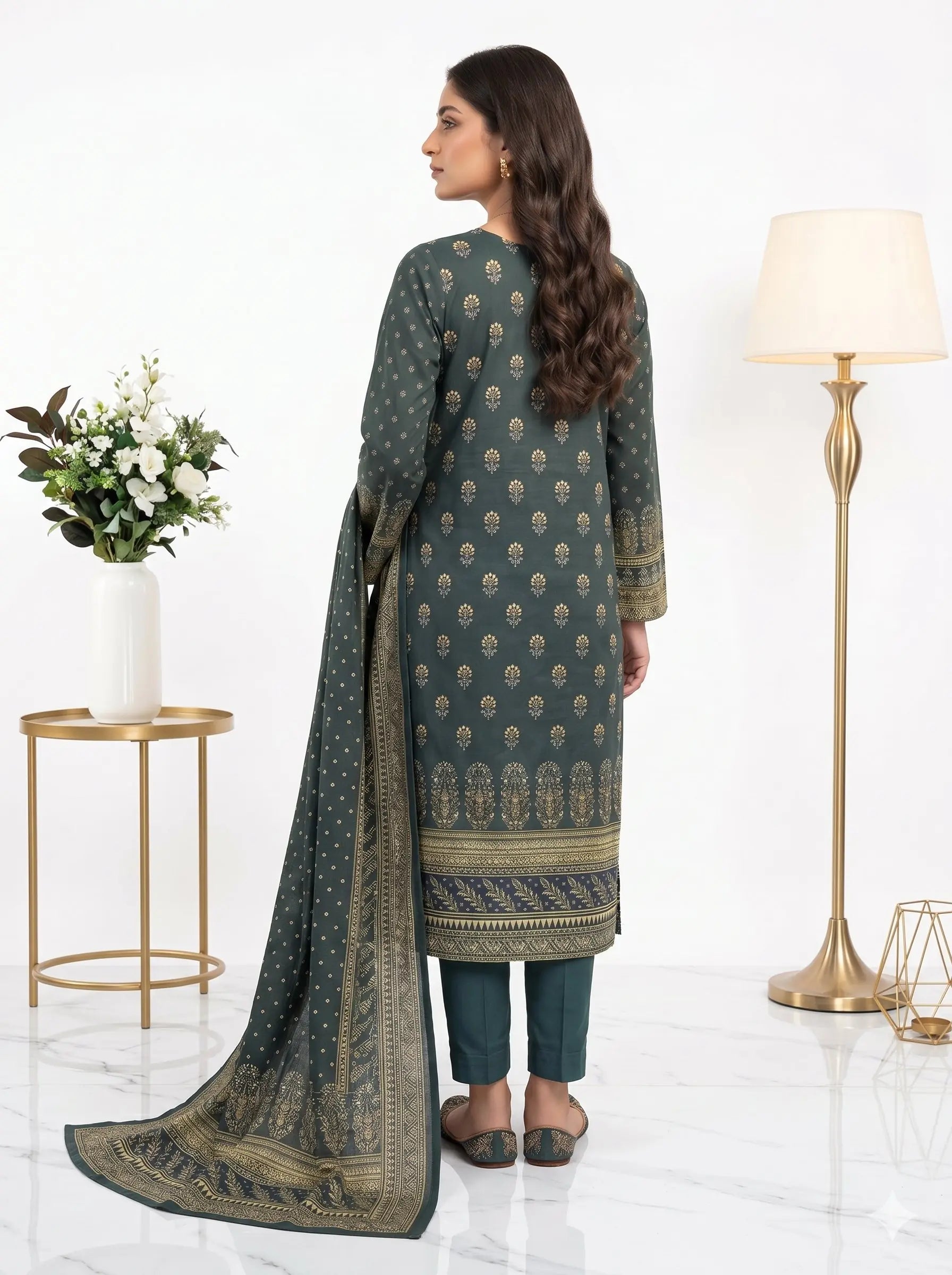 Forest Green Printed Lawn — 3 Piece Unstitched