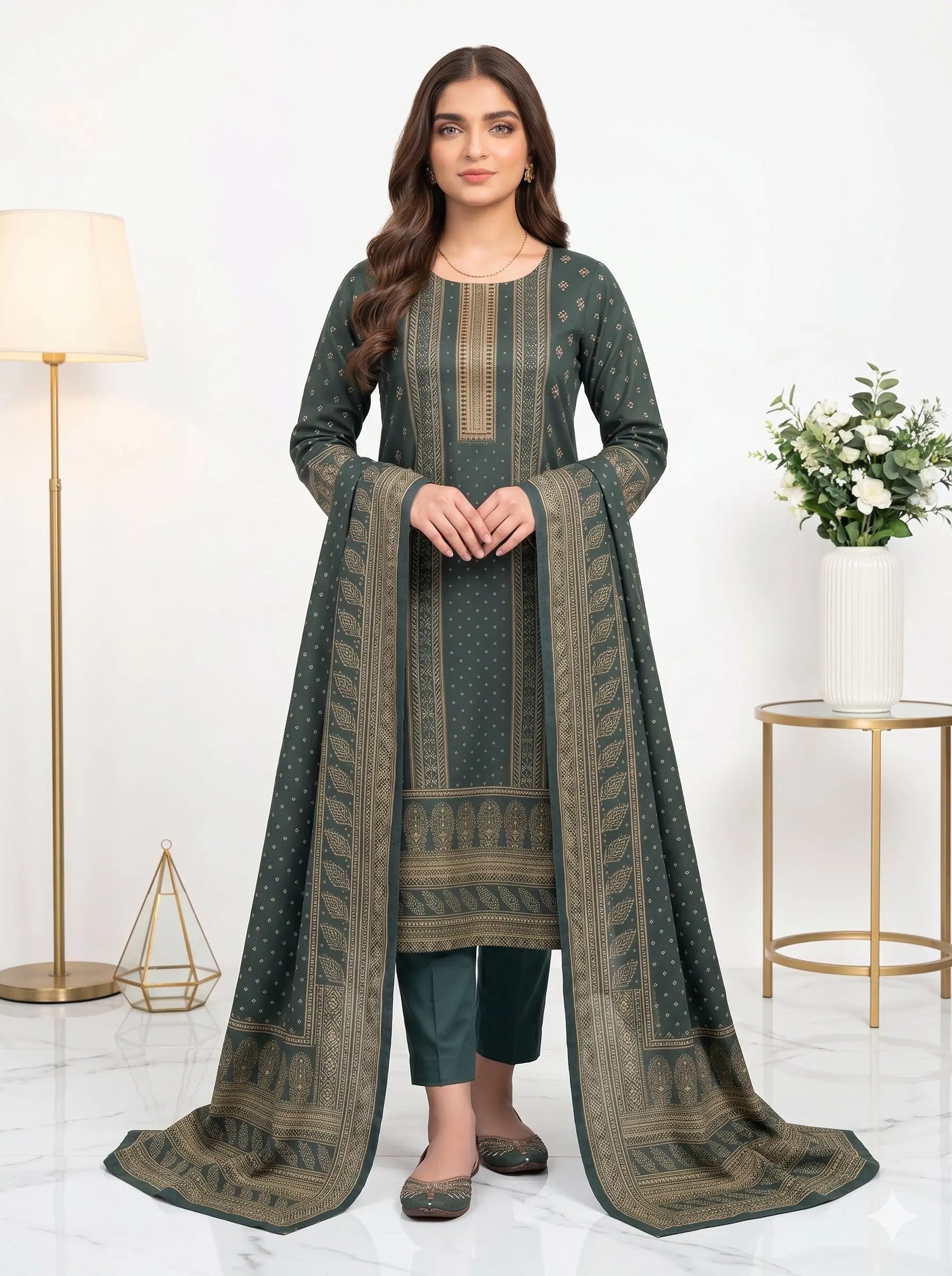 Forest Green Printed Lawn — 3 Piece Unstitched
