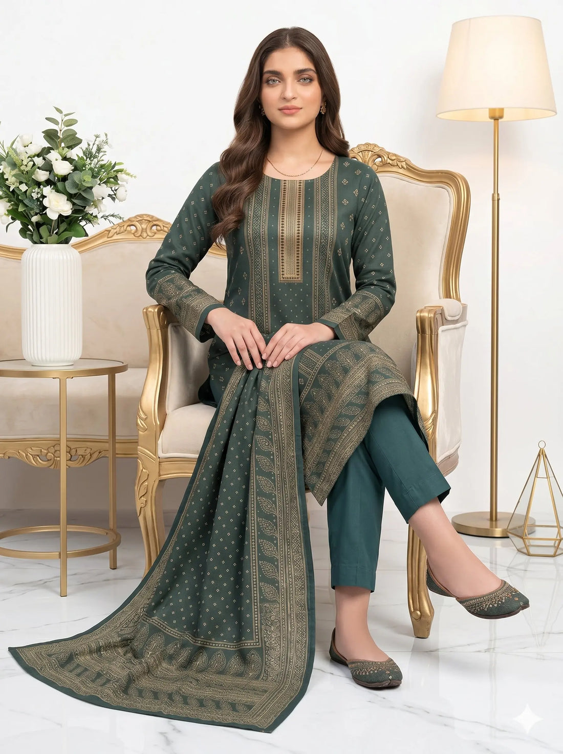 Forest Green Printed Lawn — 3 Piece Unstitched