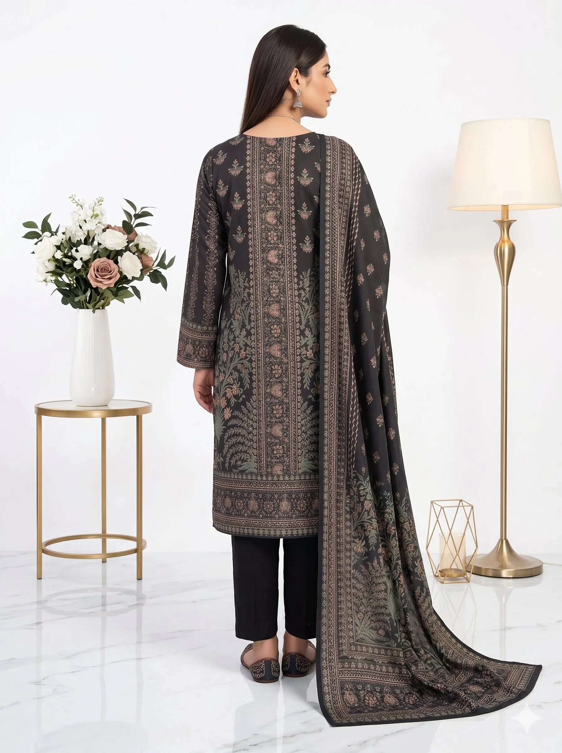 Black Mughal Garden Printed Lawn — 3 Piece Unstitched
