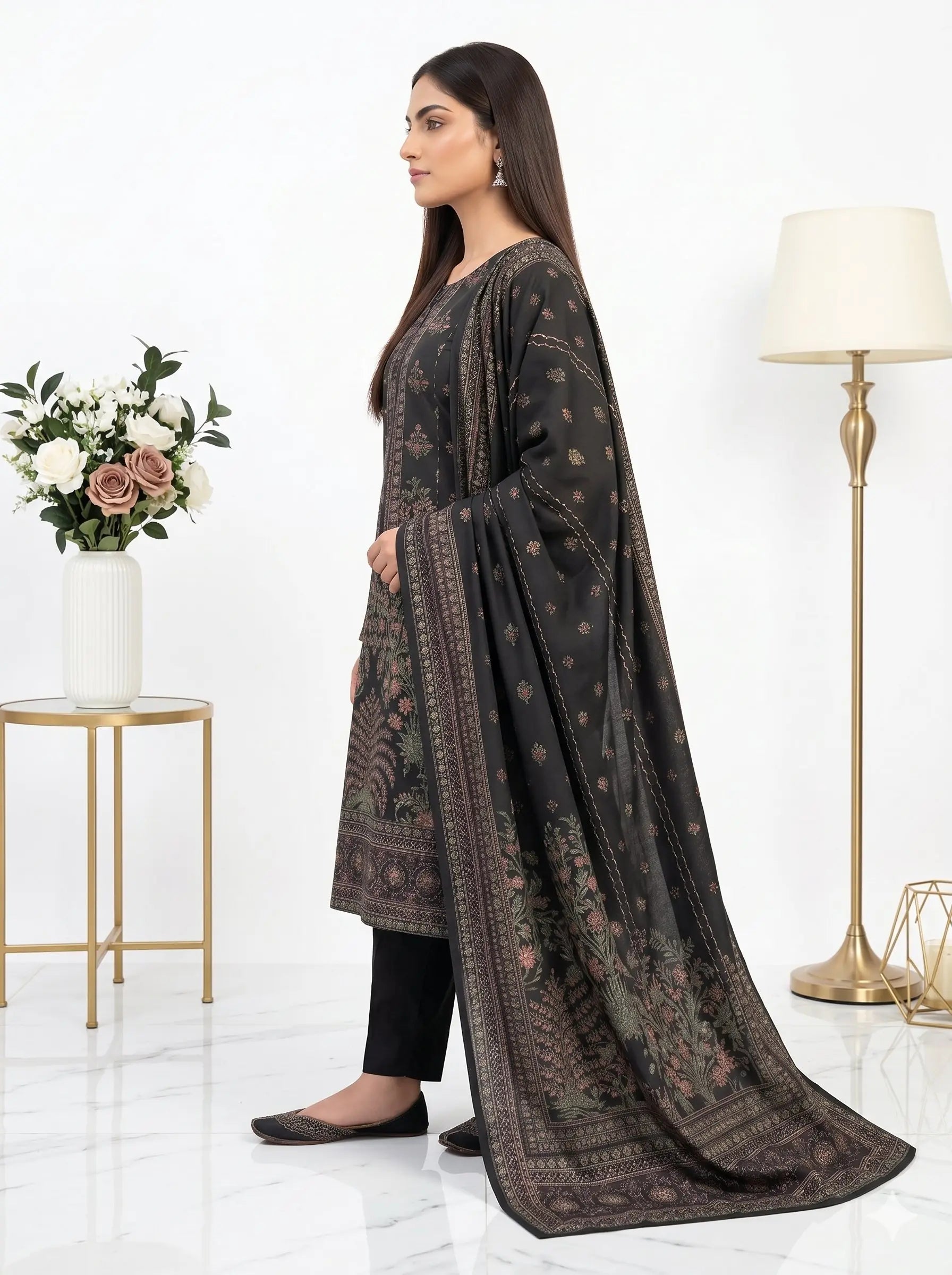 Black Mughal Garden Printed Lawn — 3 Piece Unstitched