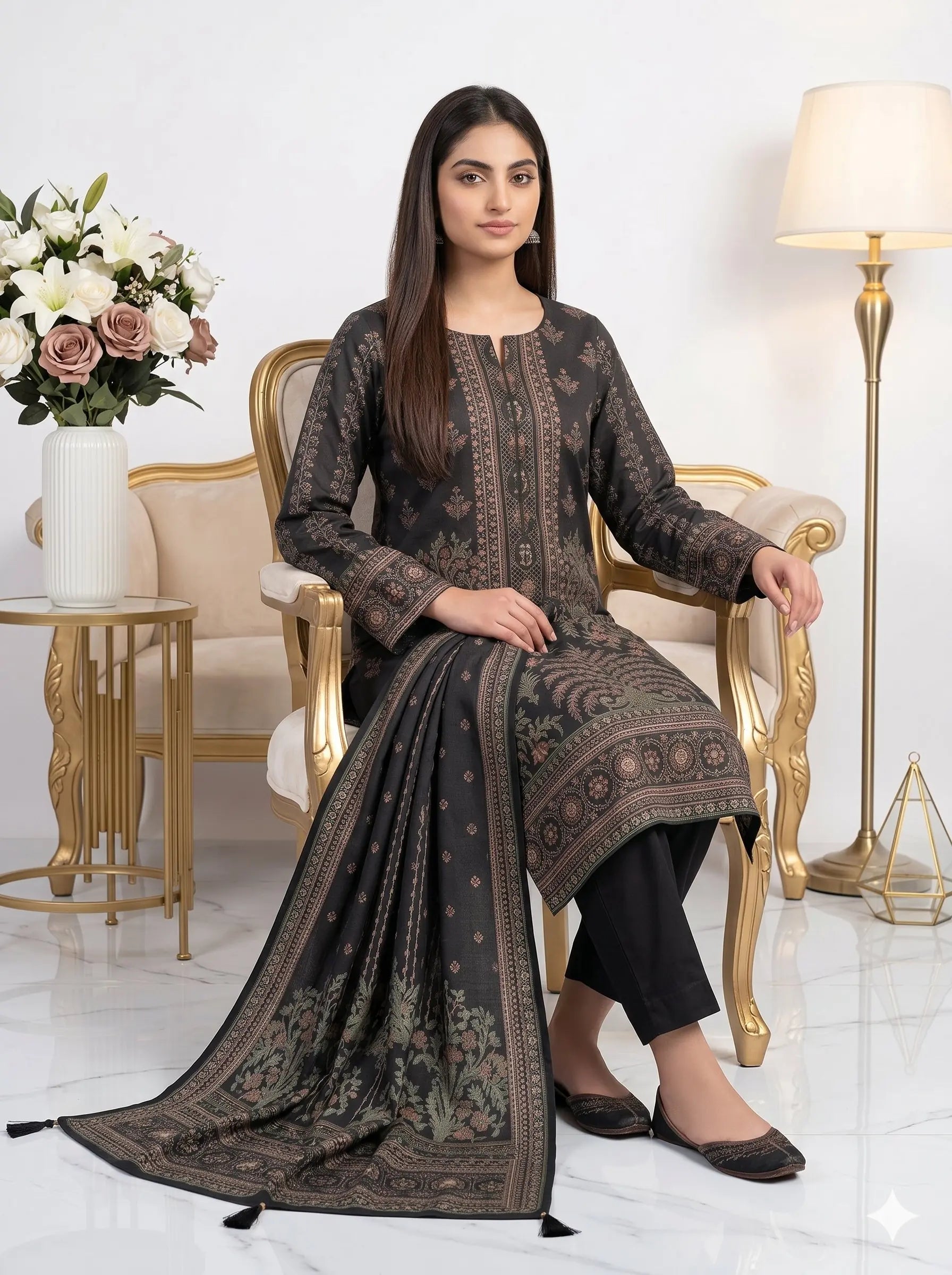Black Mughal Garden Printed Lawn — 3 Piece Unstitched
