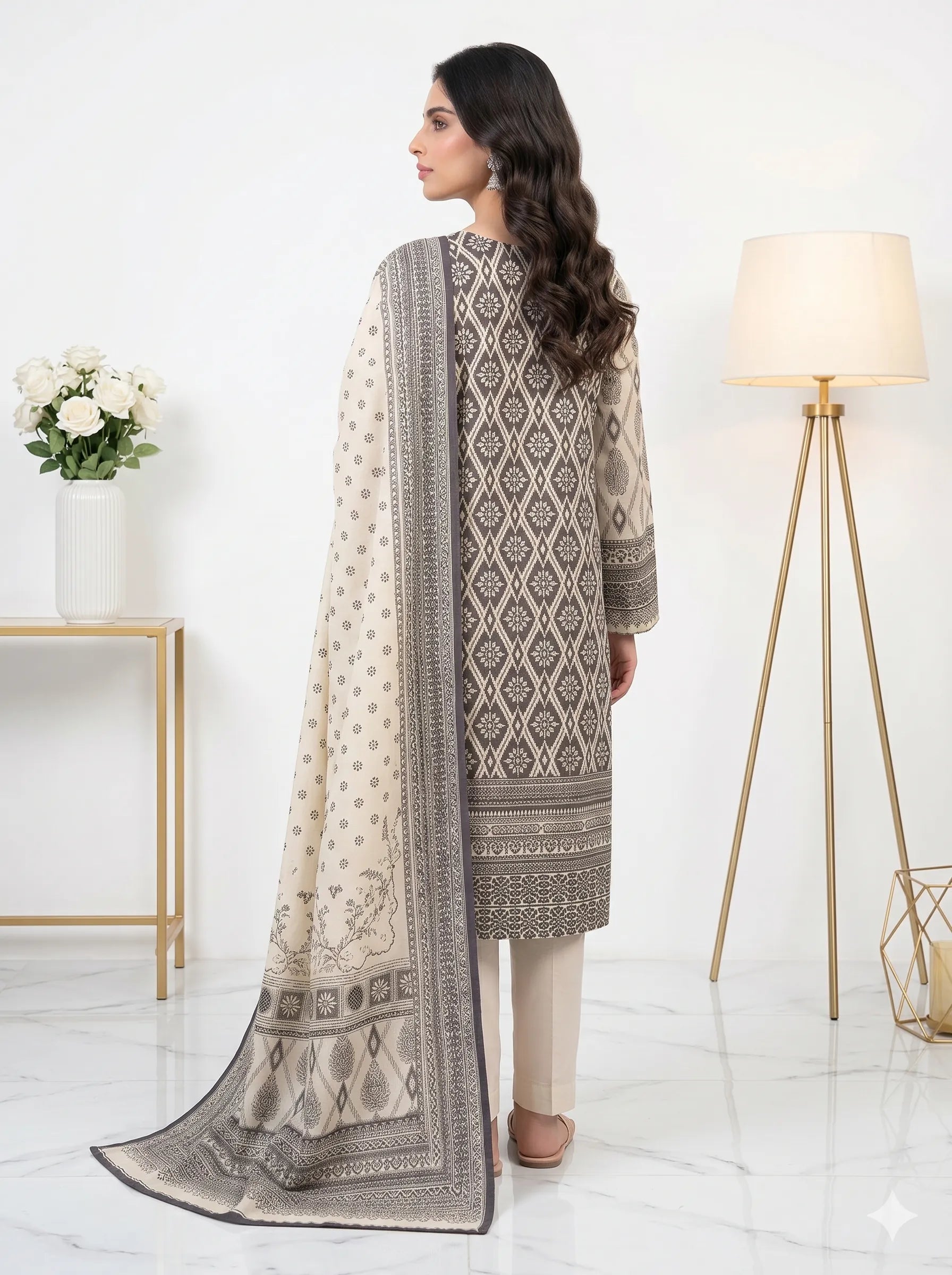 Ivory Grey Geometric Printed Lawn — 3 Piece Unstitched