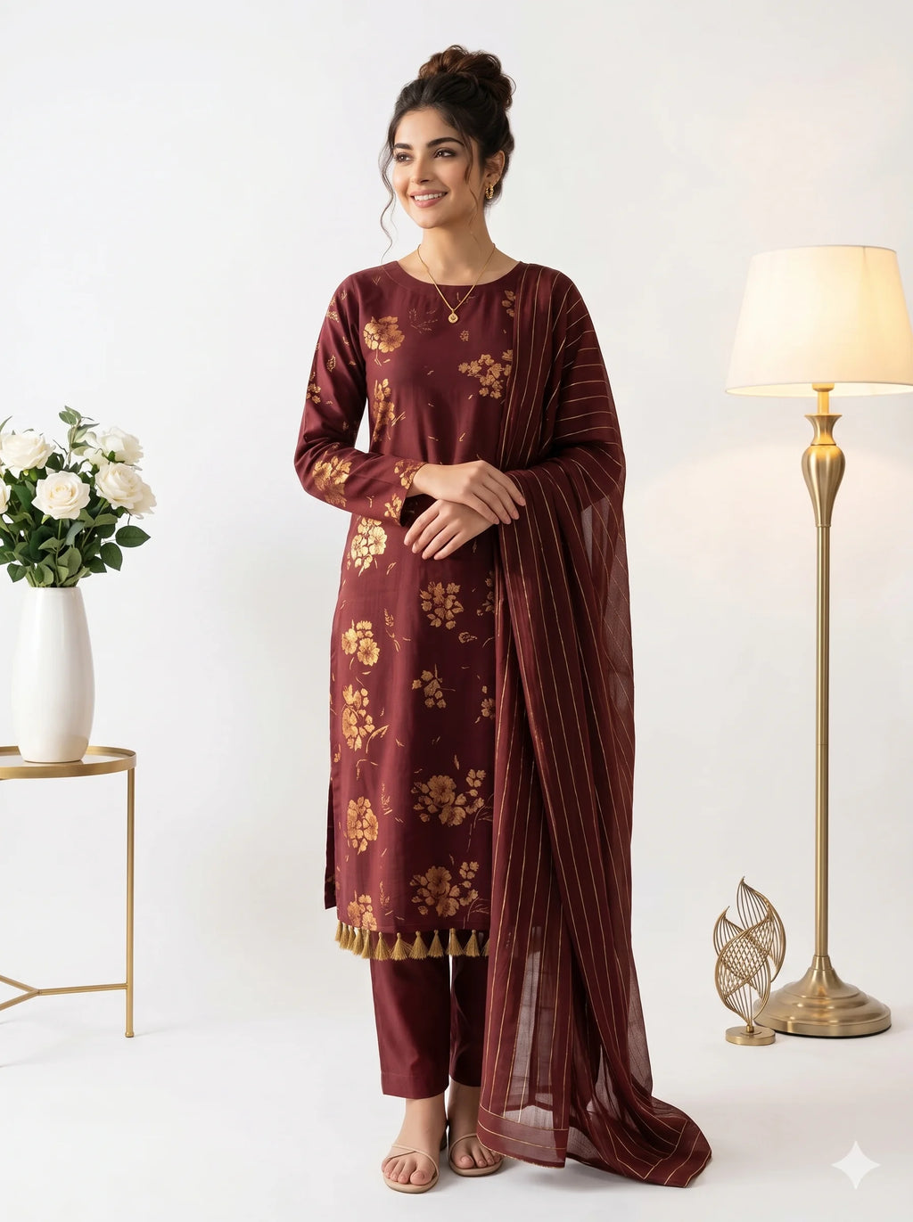 Maroon Gold Floral Printed Lawn — 3 Piece Unstitched