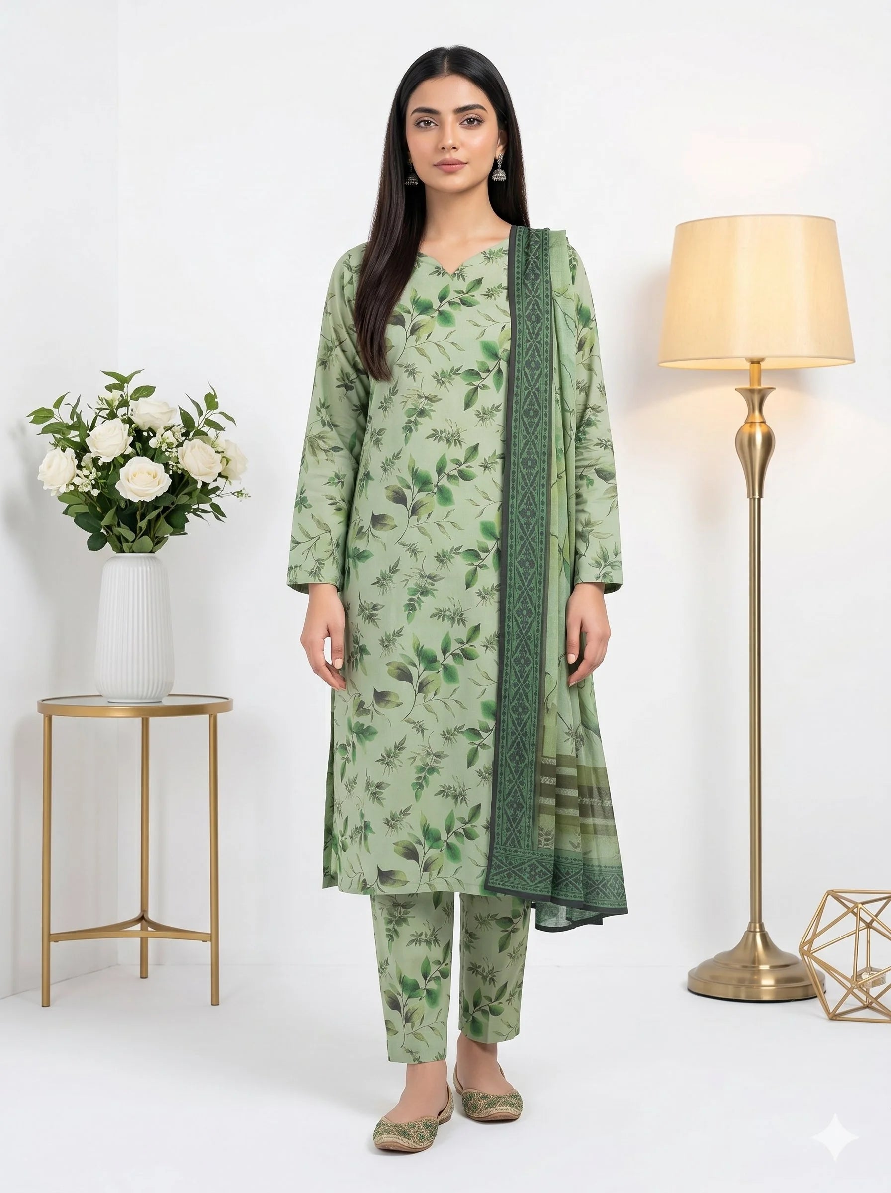 Woman wearing a green floral outfit with a matching dupatta in a well-lit room.