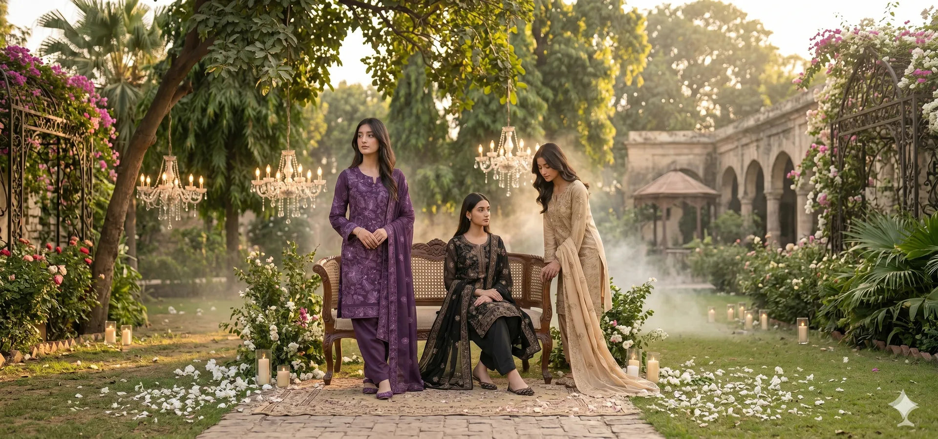 Three women in traditional outfits sitting on a bench in a garden with chandeliers and floral arrangements.1621243260e1af0c20-2