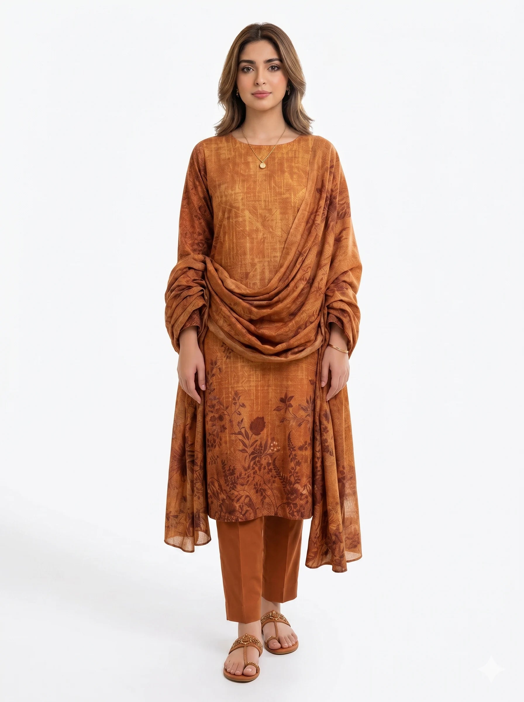 Rust Tonal Botanical Printed Lawn — 3 Piece Unstitched