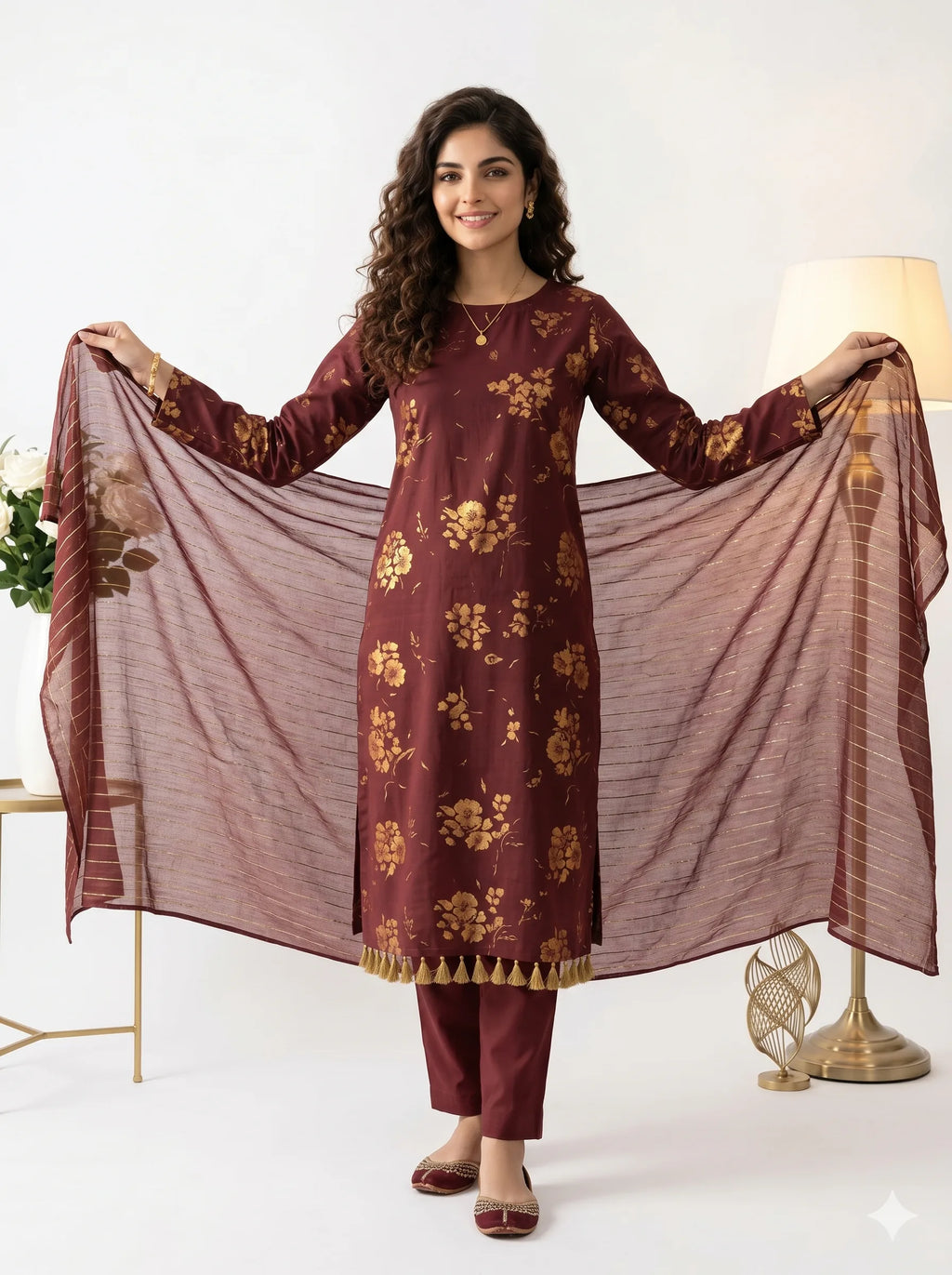 Maroon Gold Floral Printed Lawn — 3 Piece Unstitched