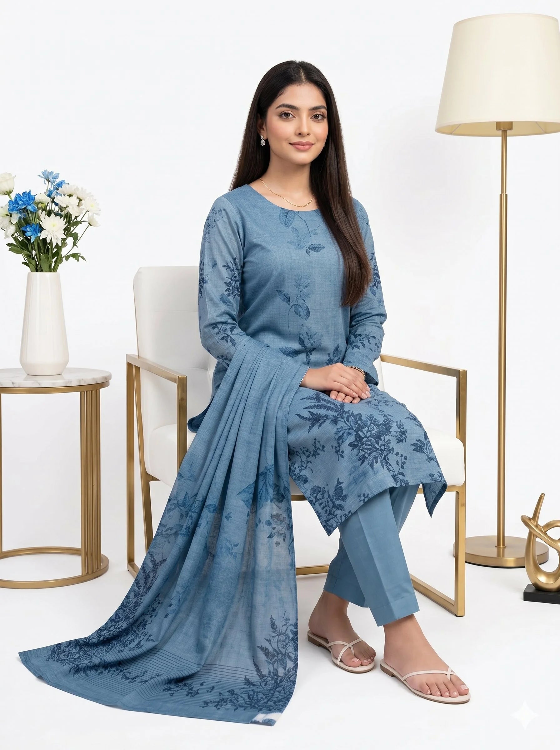 Woman in a blue floral outfit sitting in a modern interior setting with a lamp and flowers.
