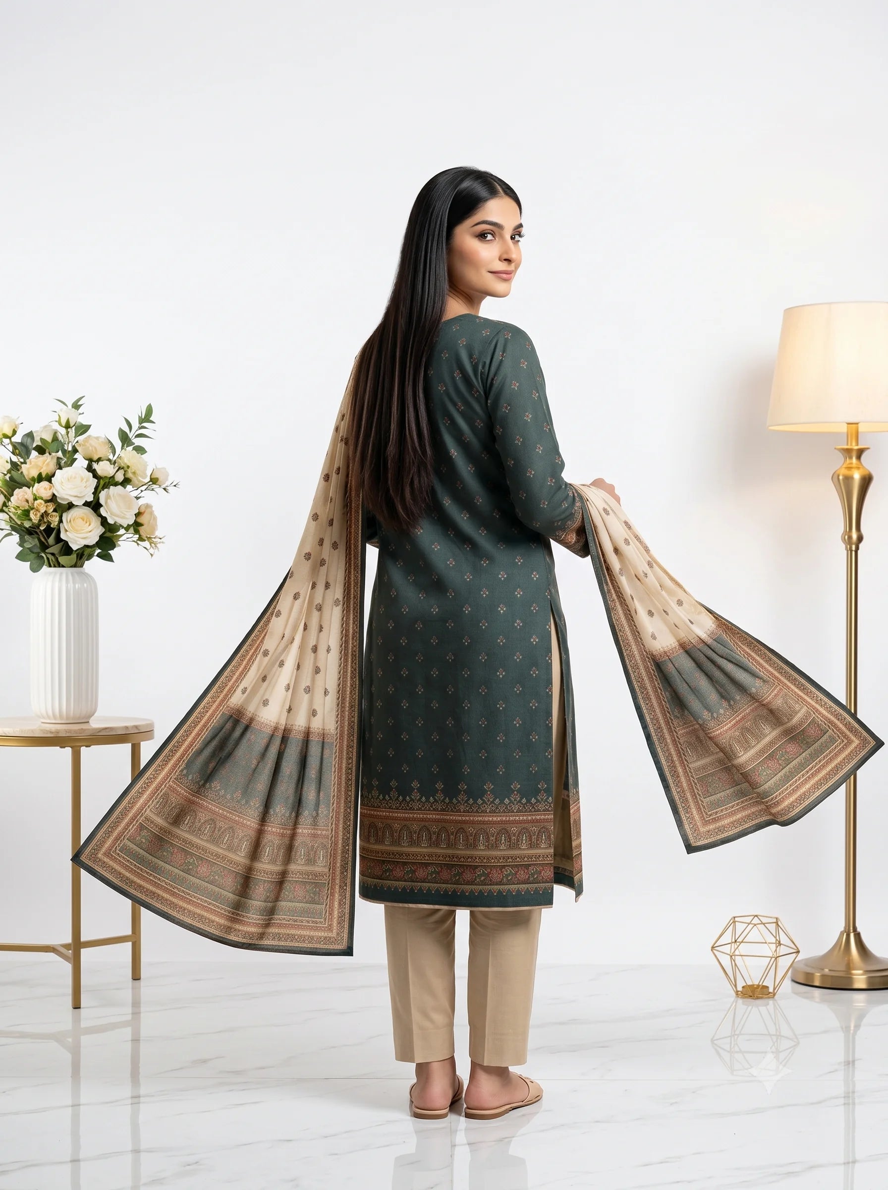 Woman wearing a green traditional outfit with a beige dupatta in a well-lit room.