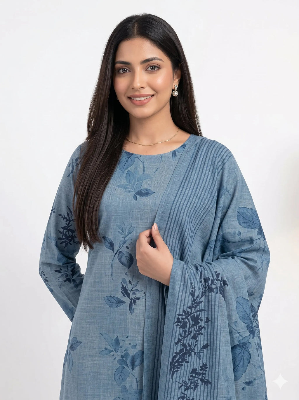 Woman wearing a blue floral dress with a matching shawl on a white background