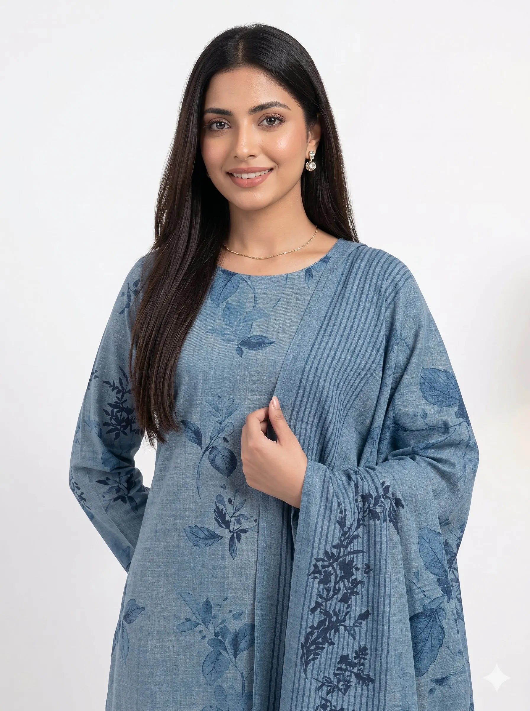Woman wearing a blue floral dress with a matching shawl on a white background