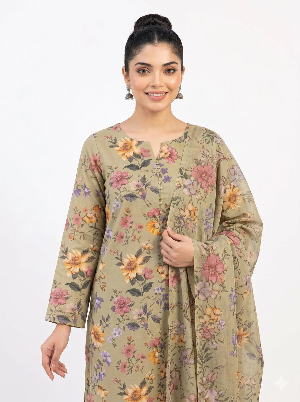Woman wearing a floral dress on a white background