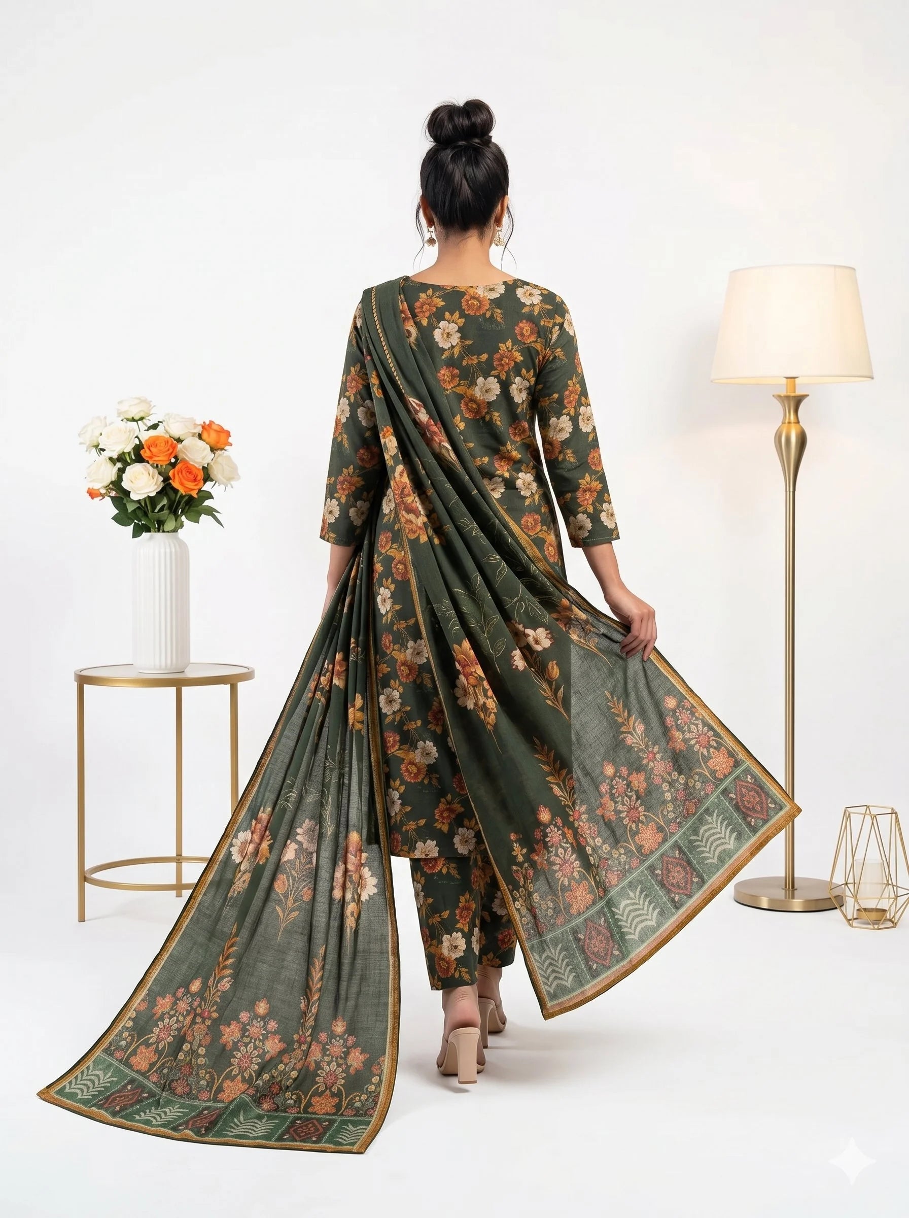 Woman wearing a green floral saree with a matching blouse and pants in a minimalistic room.