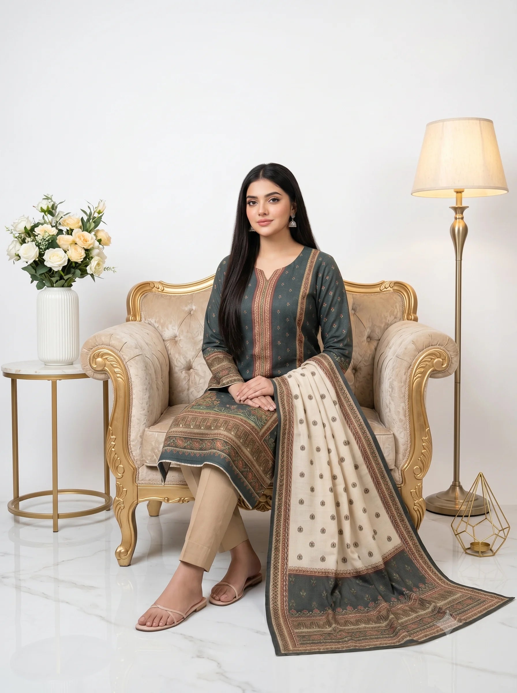 Woman in traditional outfit sitting on a decorative chair with a lamp and flowers in the background