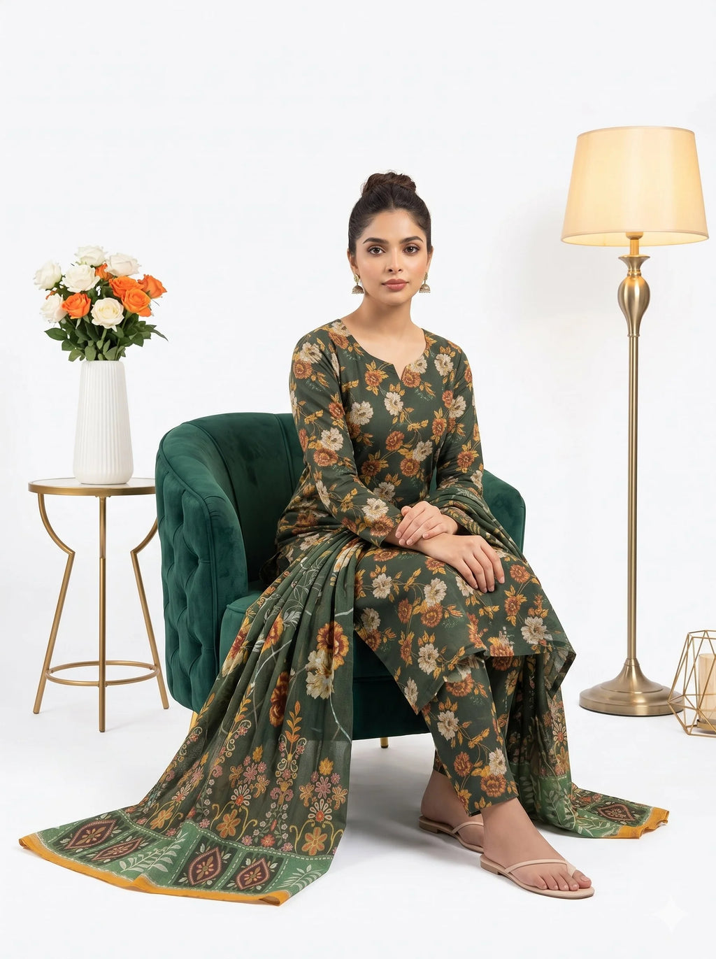 Woman in a floral dress sitting on a green chair with a white background