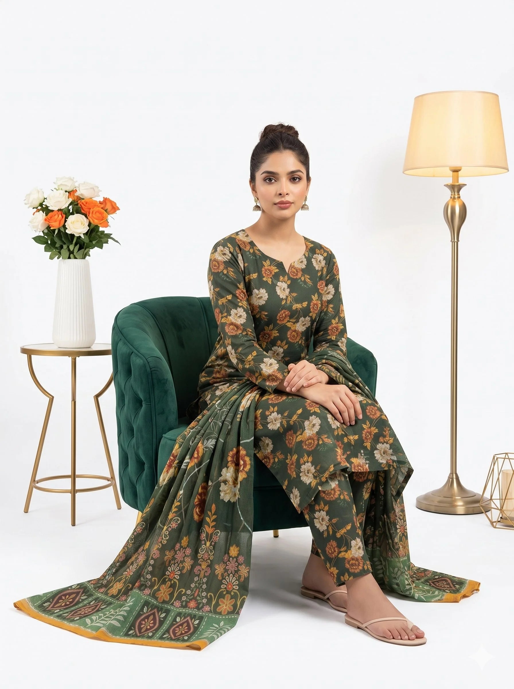 Woman in a floral dress sitting on a green chair with a white background