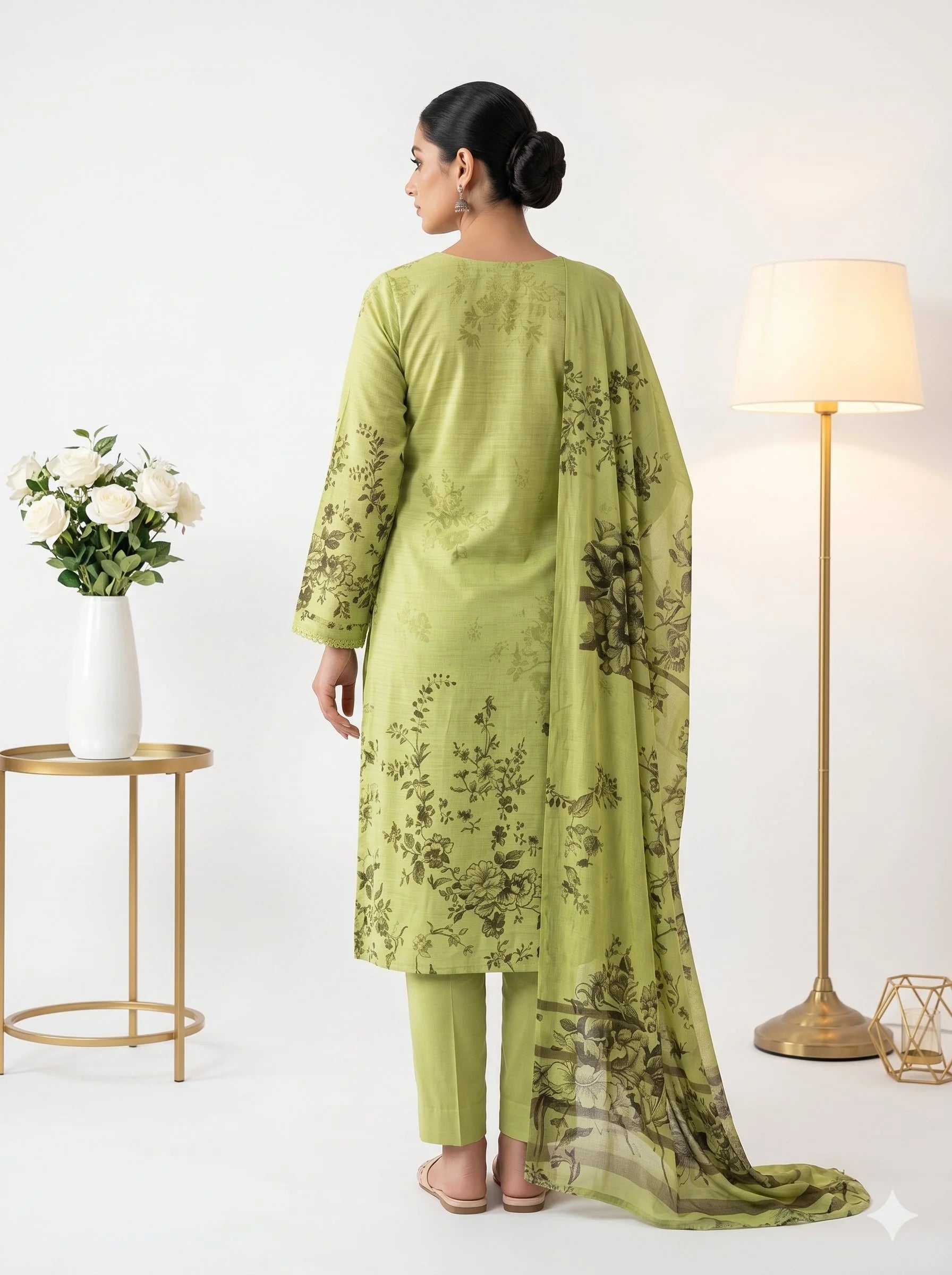 Woman wearing a green floral outfit with a matching dupatta in a minimalistic room.