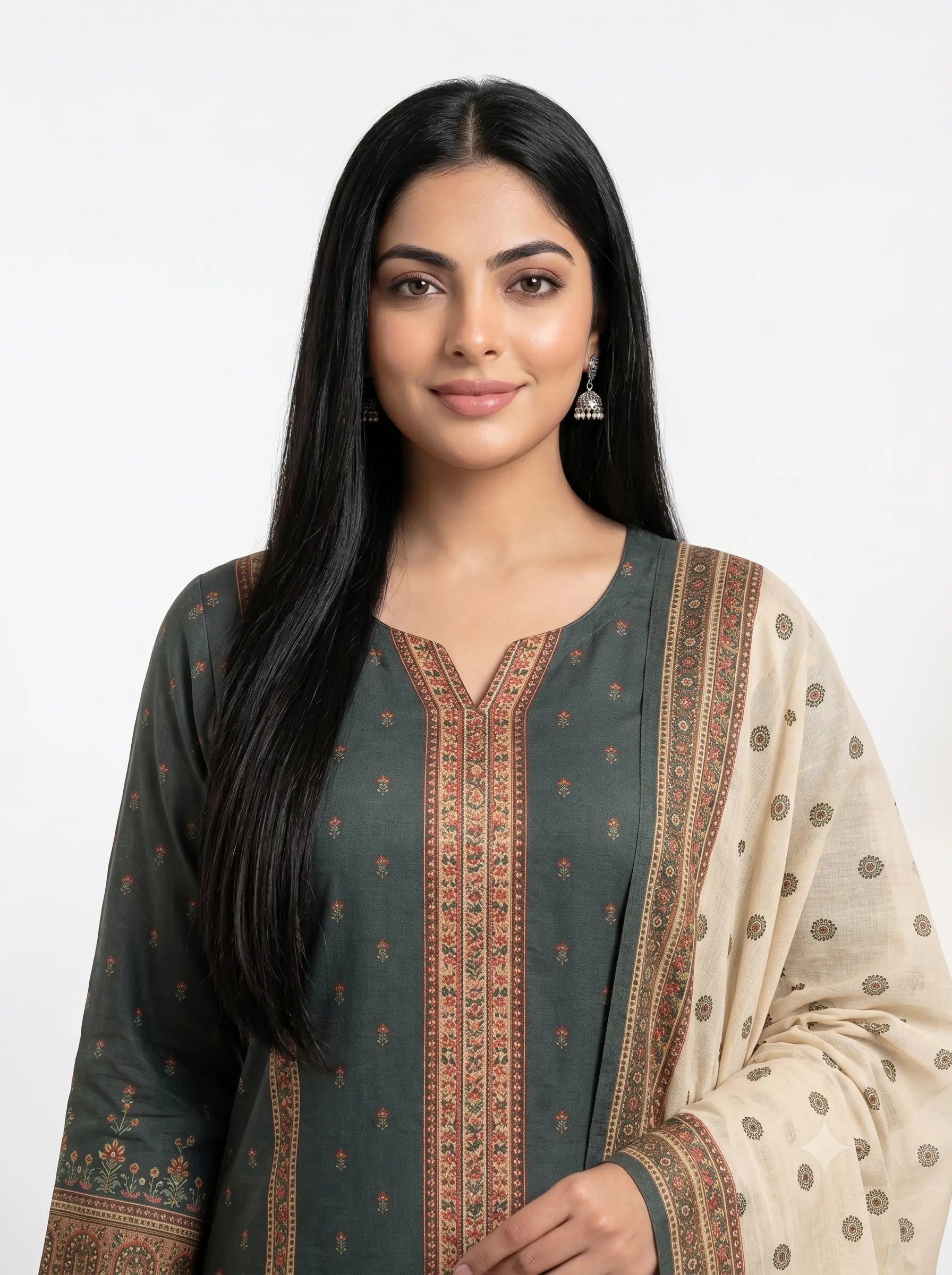 Woman wearing a traditional outfit with a green and beige patterned dress on a white background