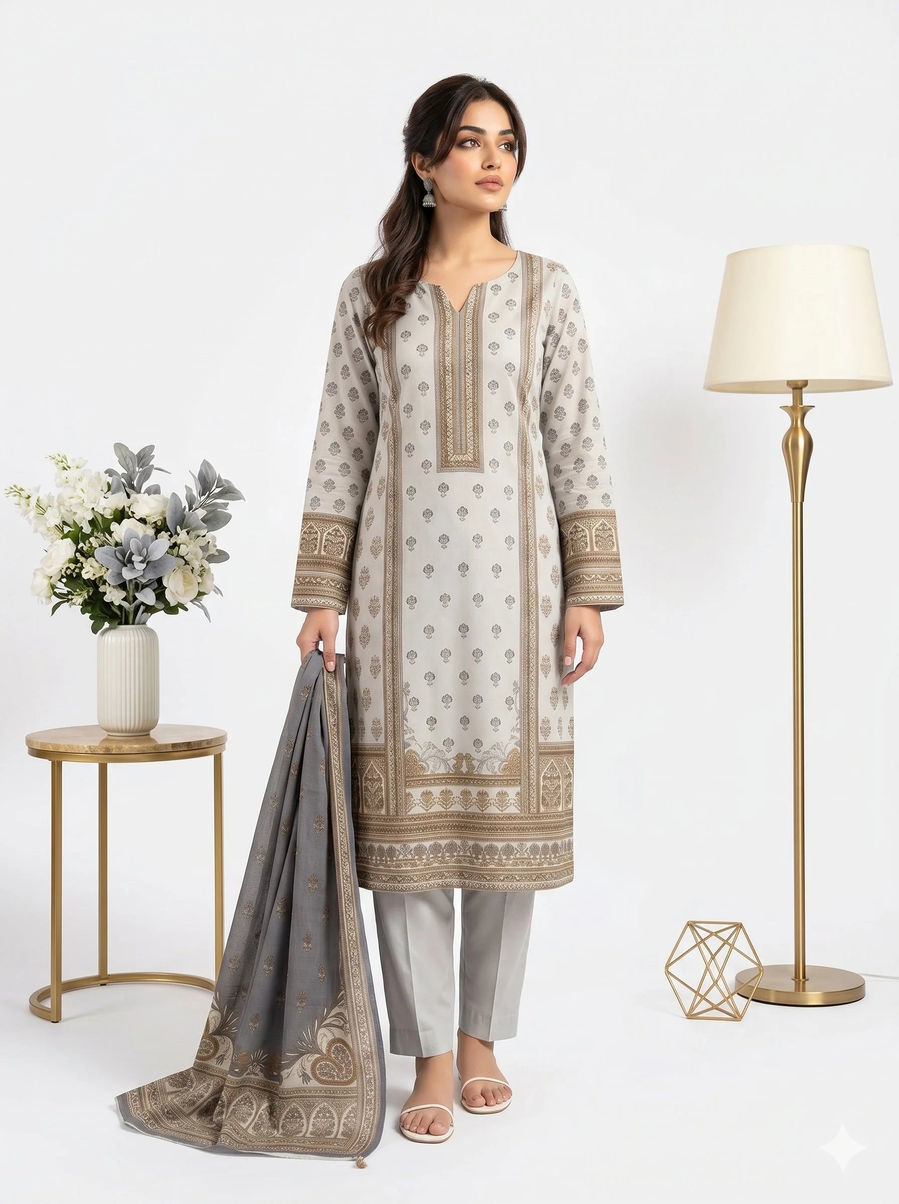 Woman wearing a traditional outfit with a matching dupatta in a minimalistic setting.