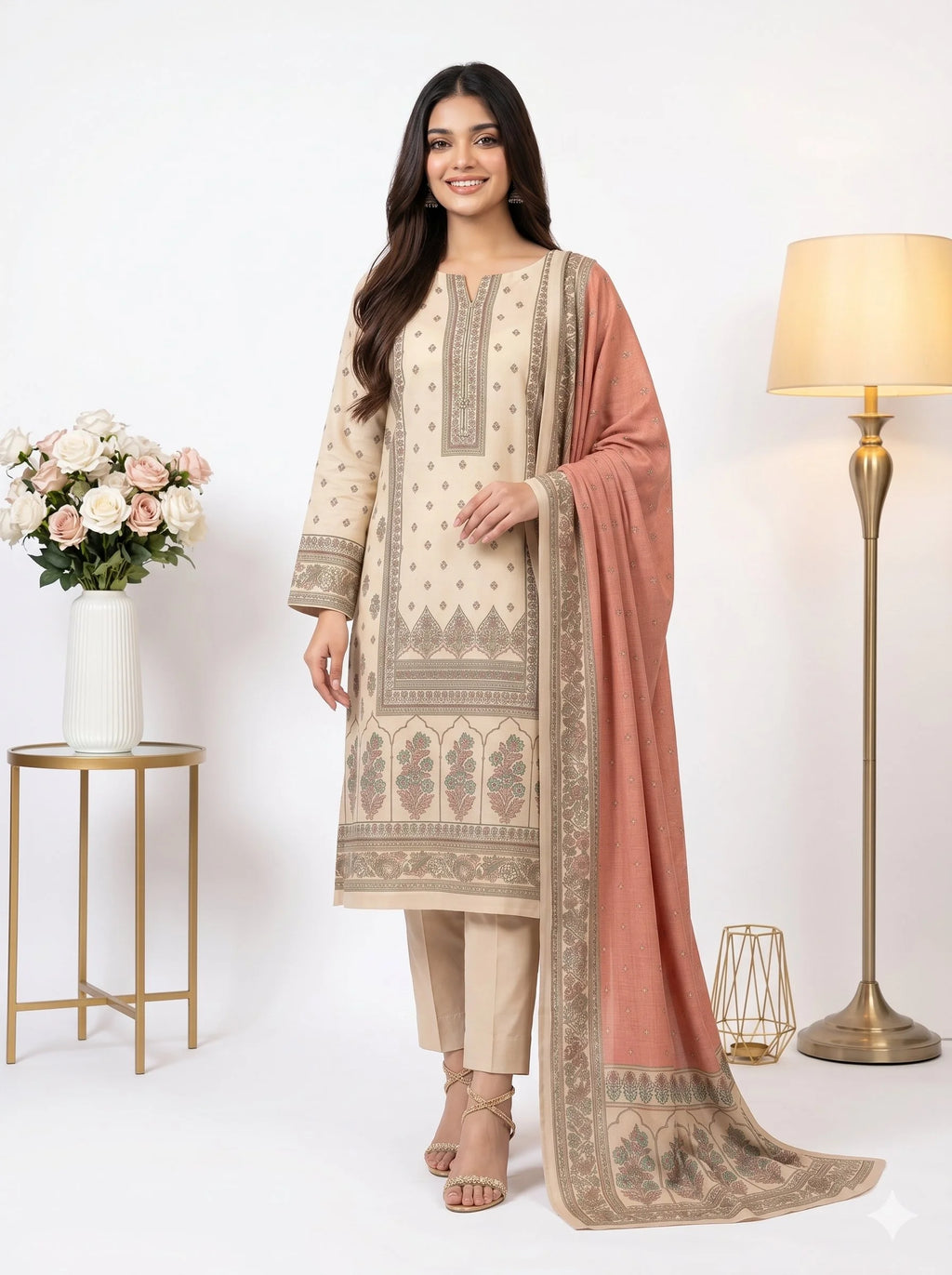 Woman wearing a traditional outfit with a pink dupatta in a well-lit room.