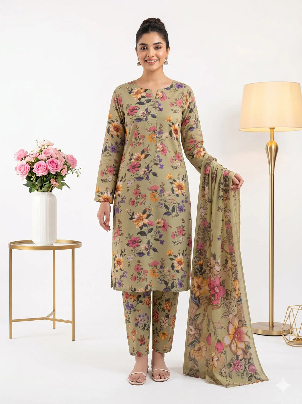 Woman wearing a floral outfit with a lamp and table in the background