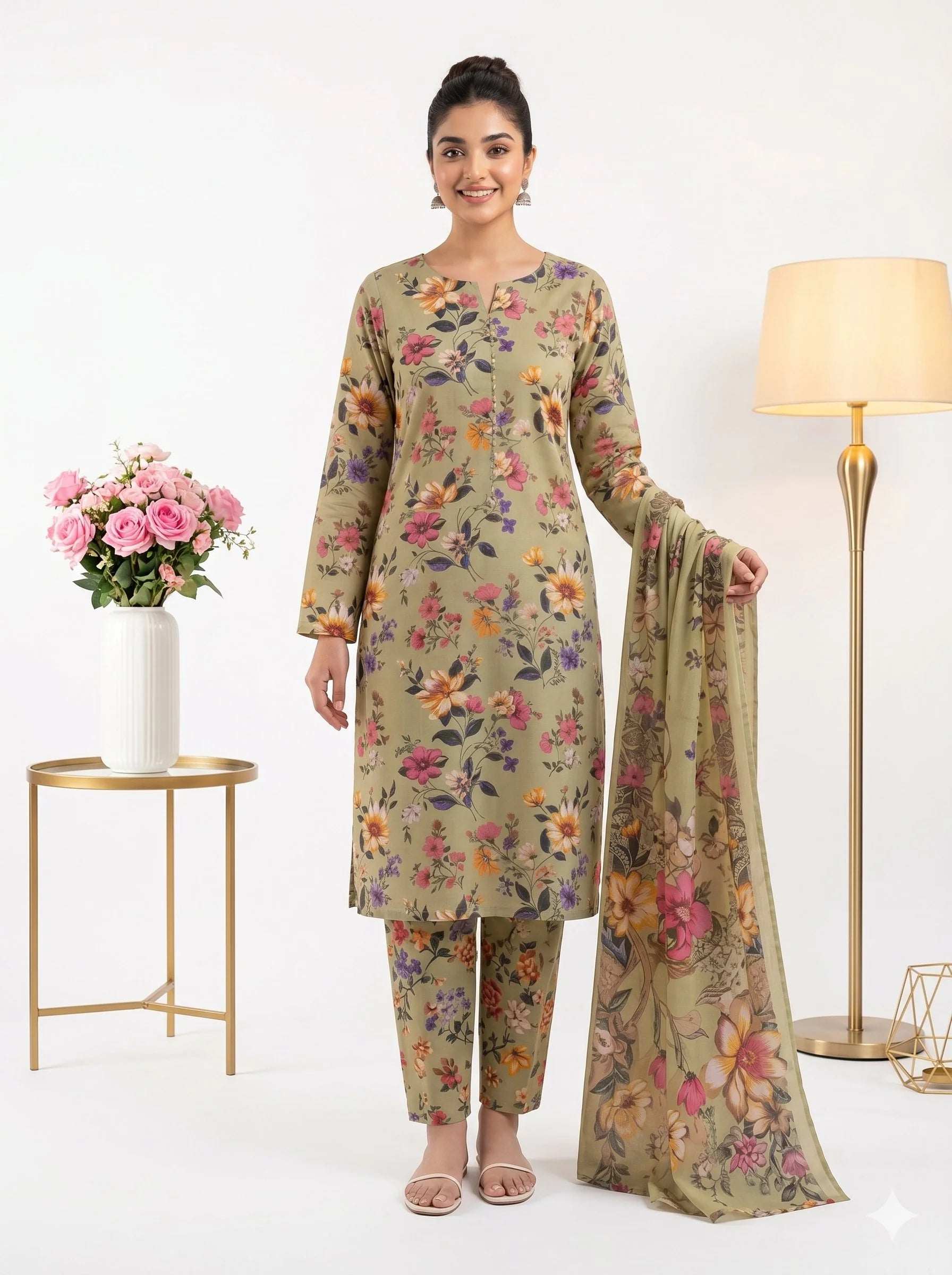 Woman wearing a floral outfit with a lamp and table in the background