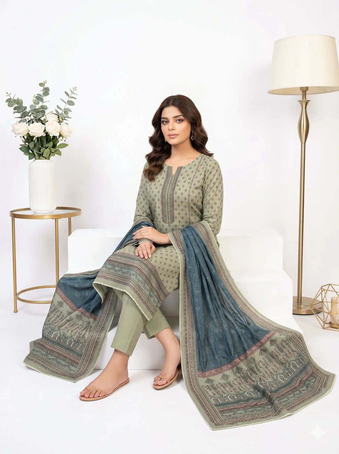 Woman sitting on a white couch wearing a green and blue patterned outfit with a matching dupatta.