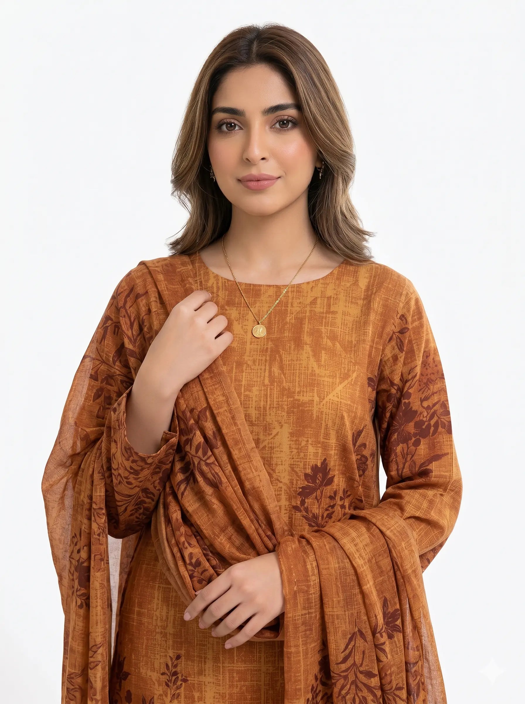 Rust Tonal Botanical Printed Lawn — 3 Piece Unstitched