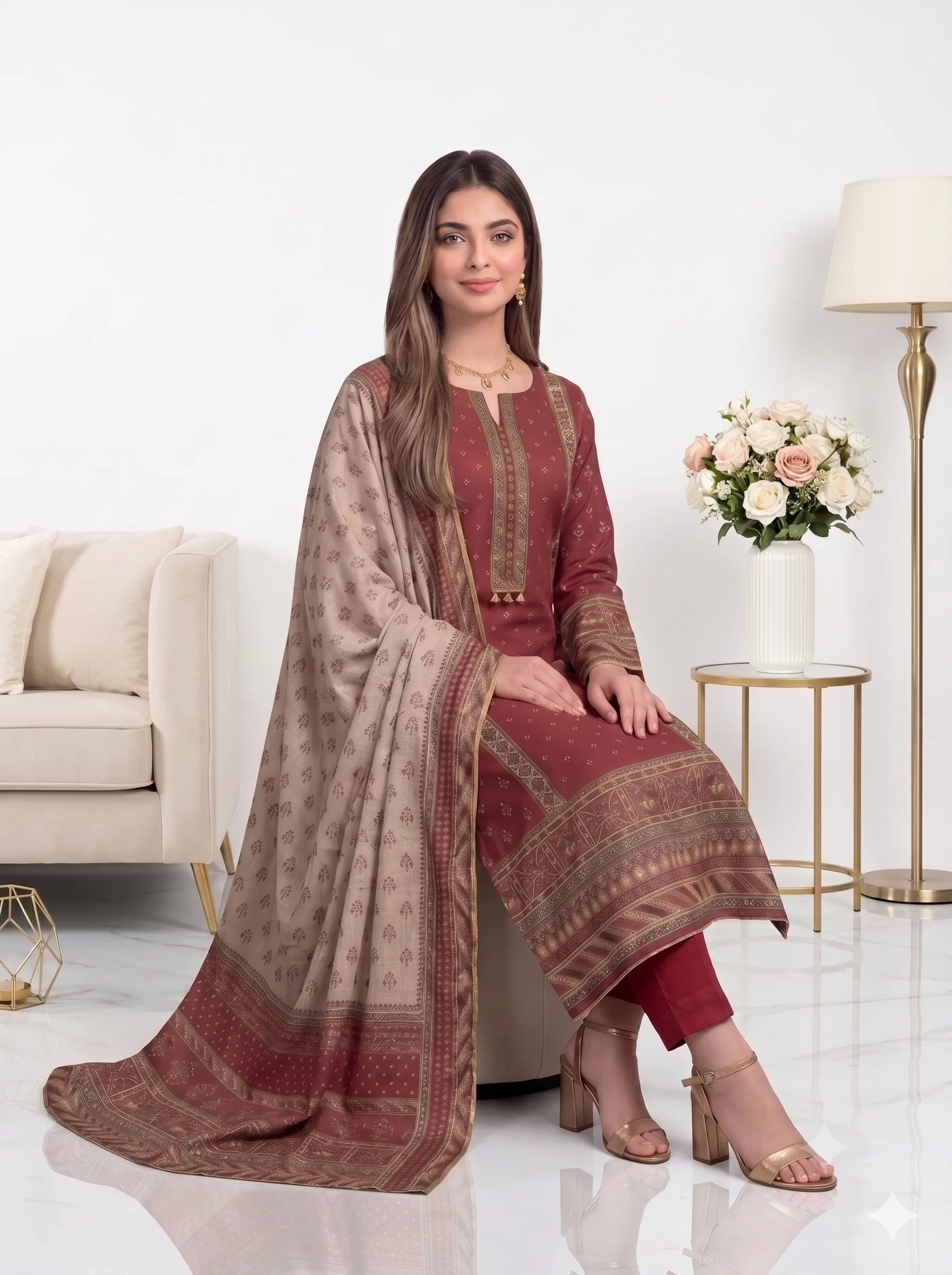 Woman in a maroon and beige traditional outfit sitting in a modern living room.