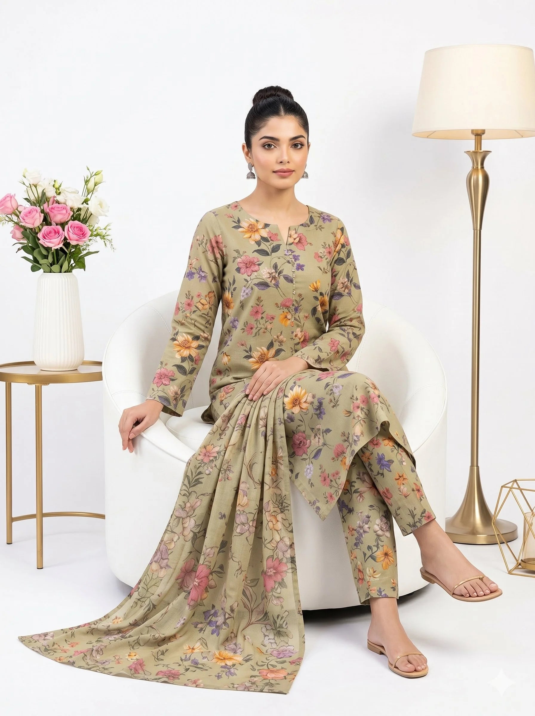 Woman wearing a floral dress sitting on a white chair with a white background