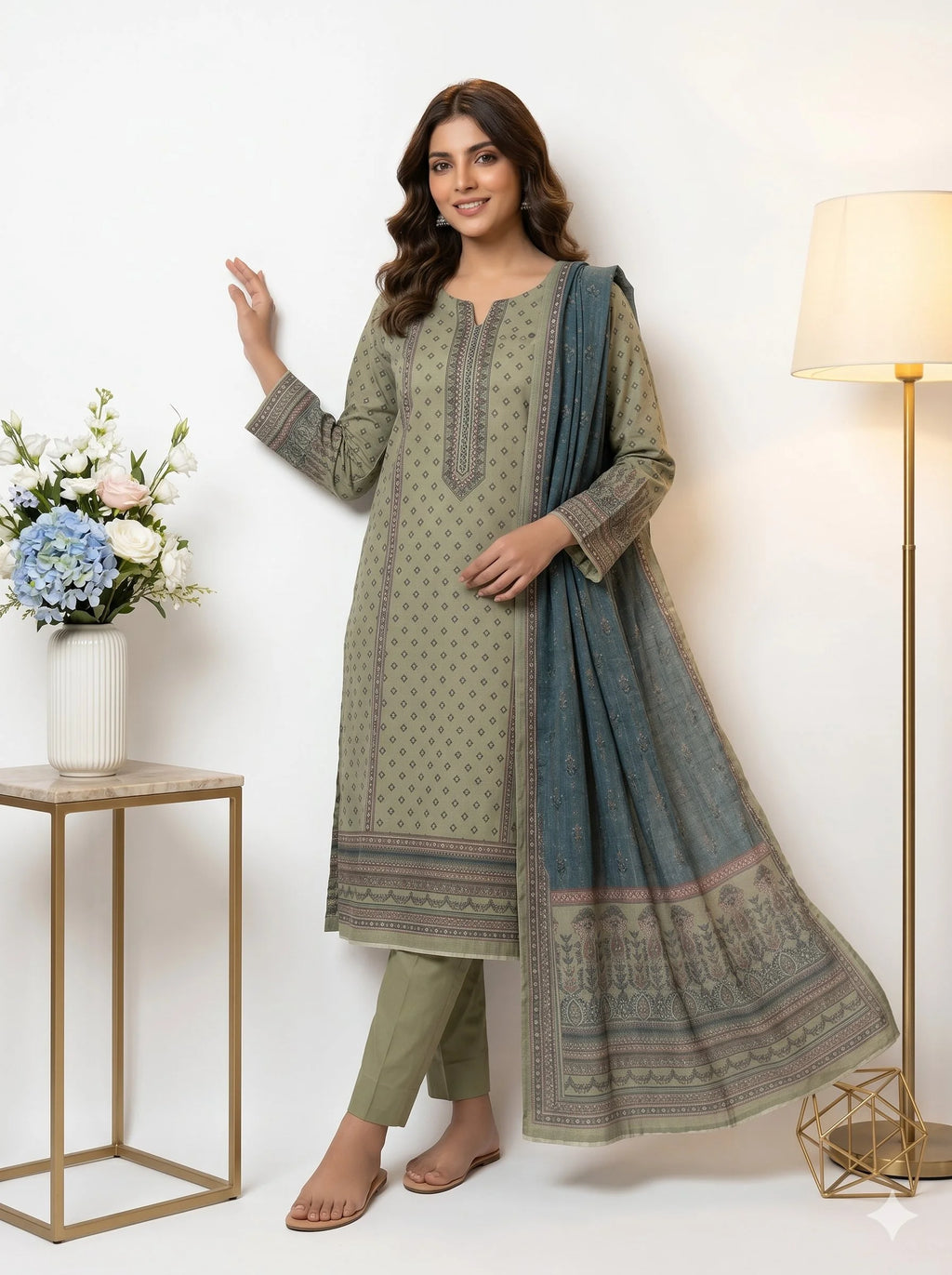 Woman in a green and blue traditional outfit standing in a room with a lamp and flowers.